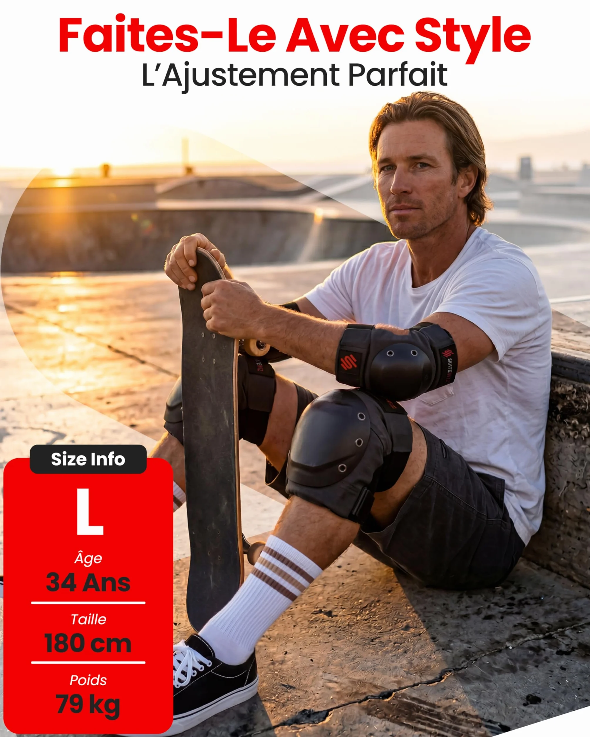 SKATEWIZ Équipement de Protection Patineur Professionnel 6 pièces Manches Néoprène