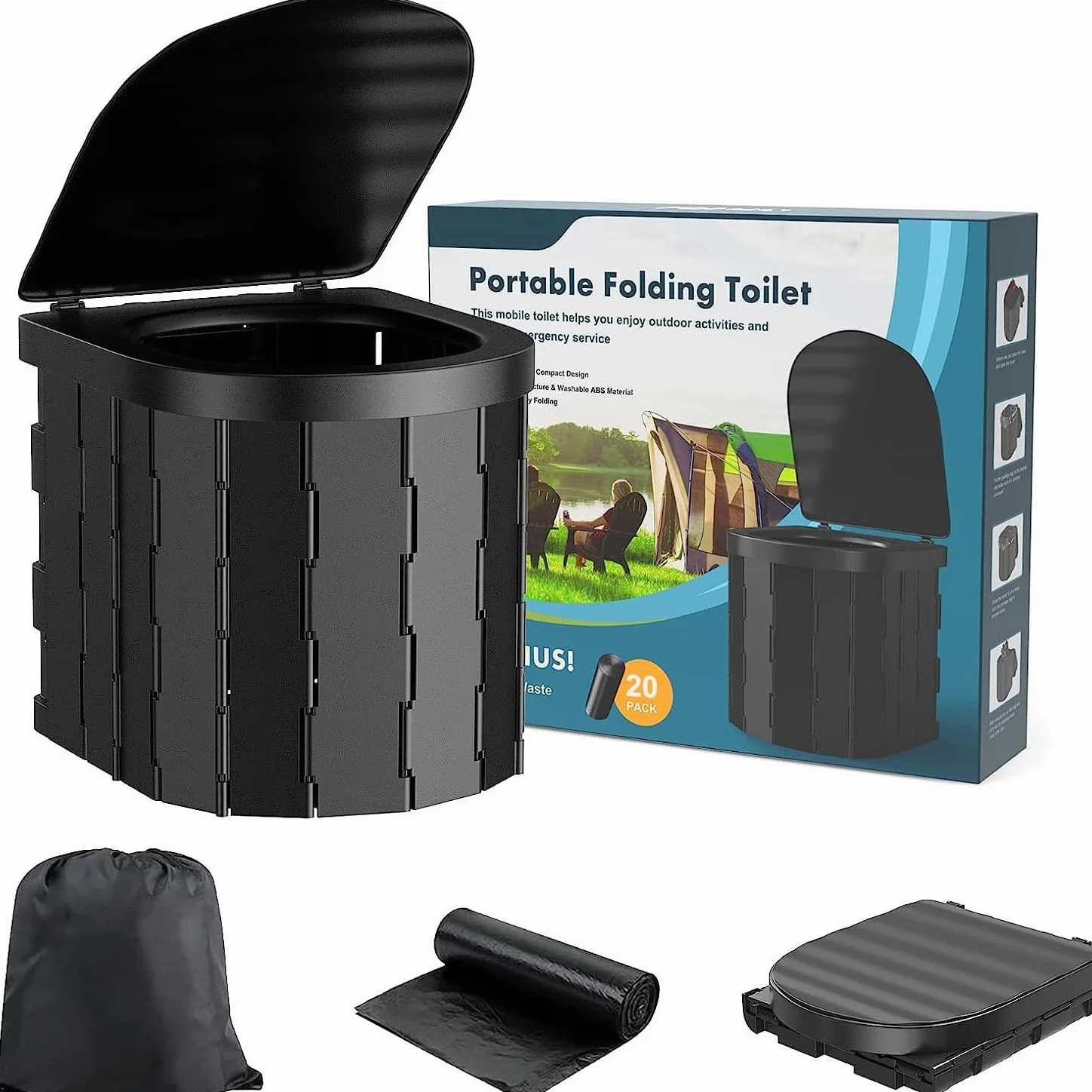 Toilettes de camping portables pliables étanches pour adultes et enfants, pot noir