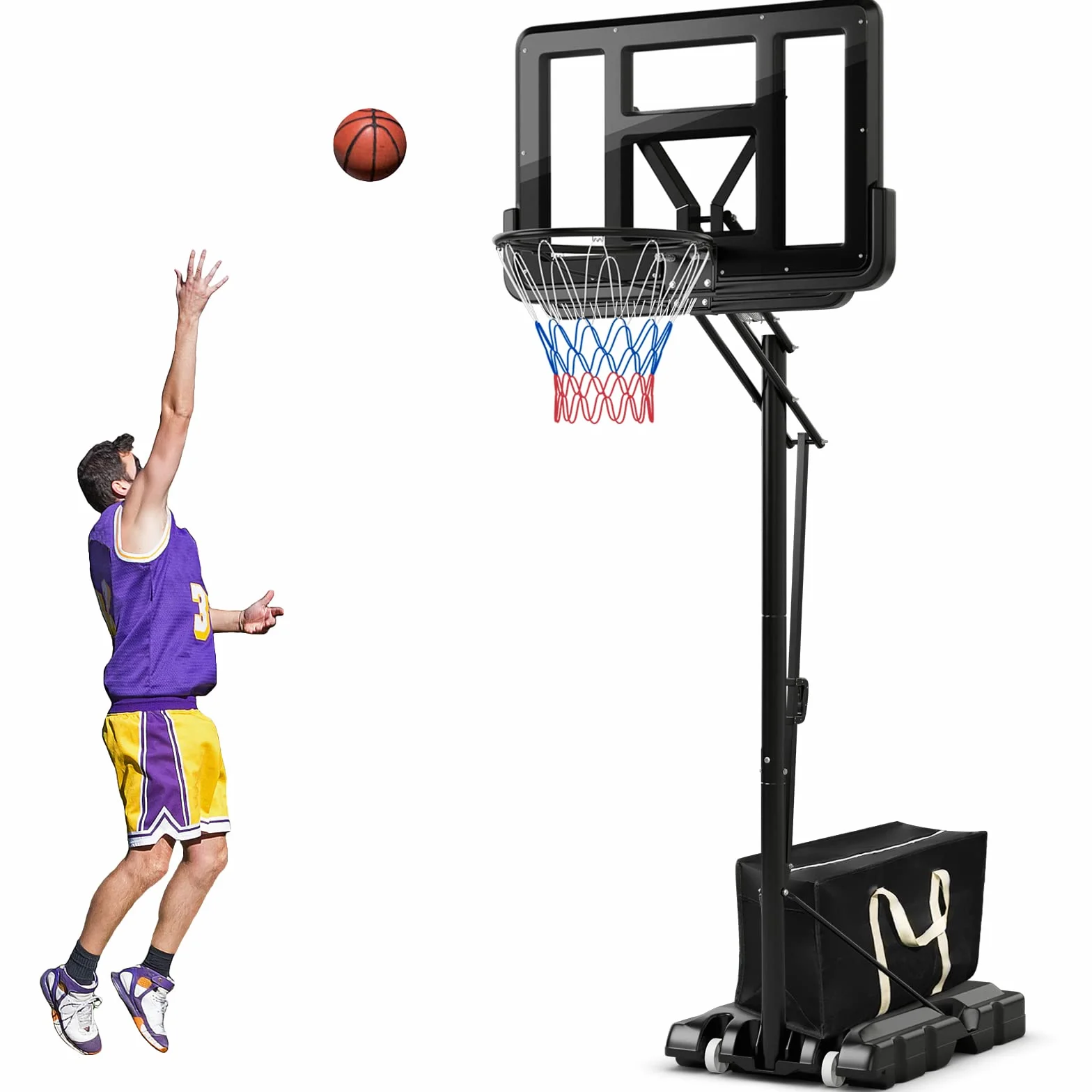 COSTWAY Panier de Basket-Ball Hauteur Réglable 145-305cm, Support Portable à Roulettes avec Base Remplissable, Panneau Arrière 111cm