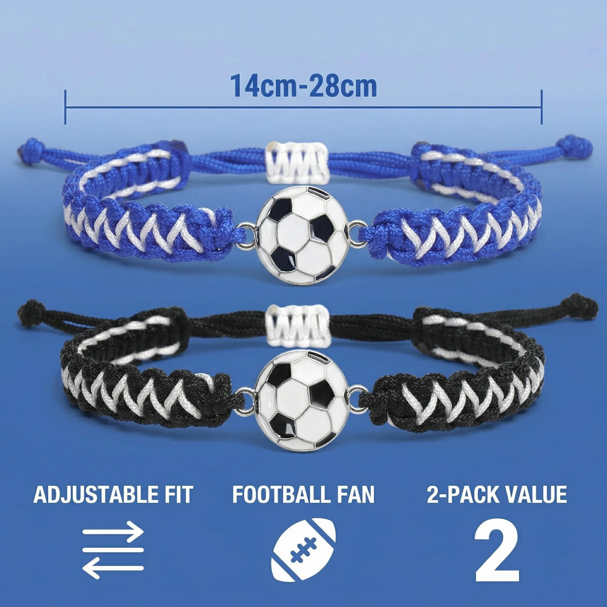 Bracelets Football Tressés pour Garçon Lot de 2 Ajustable 14-28cm Noir/Blanc Bleu/Blanc