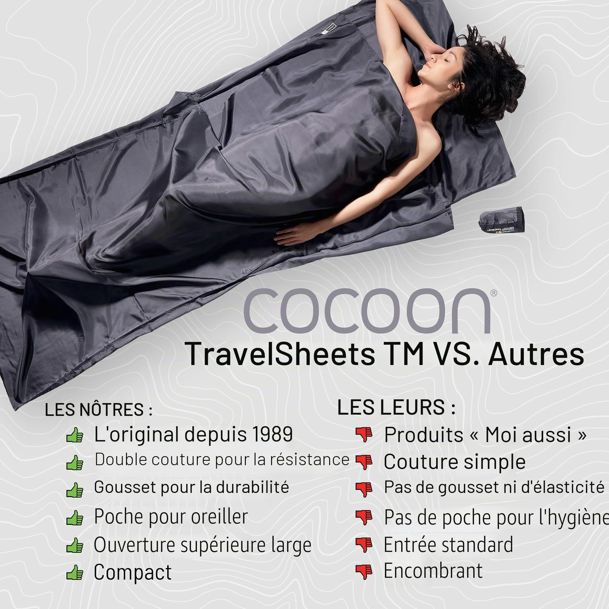 COCOON Drap de Sac Rectangulaire ST24-RS 100% Soie Ripstop Coloris Bleu