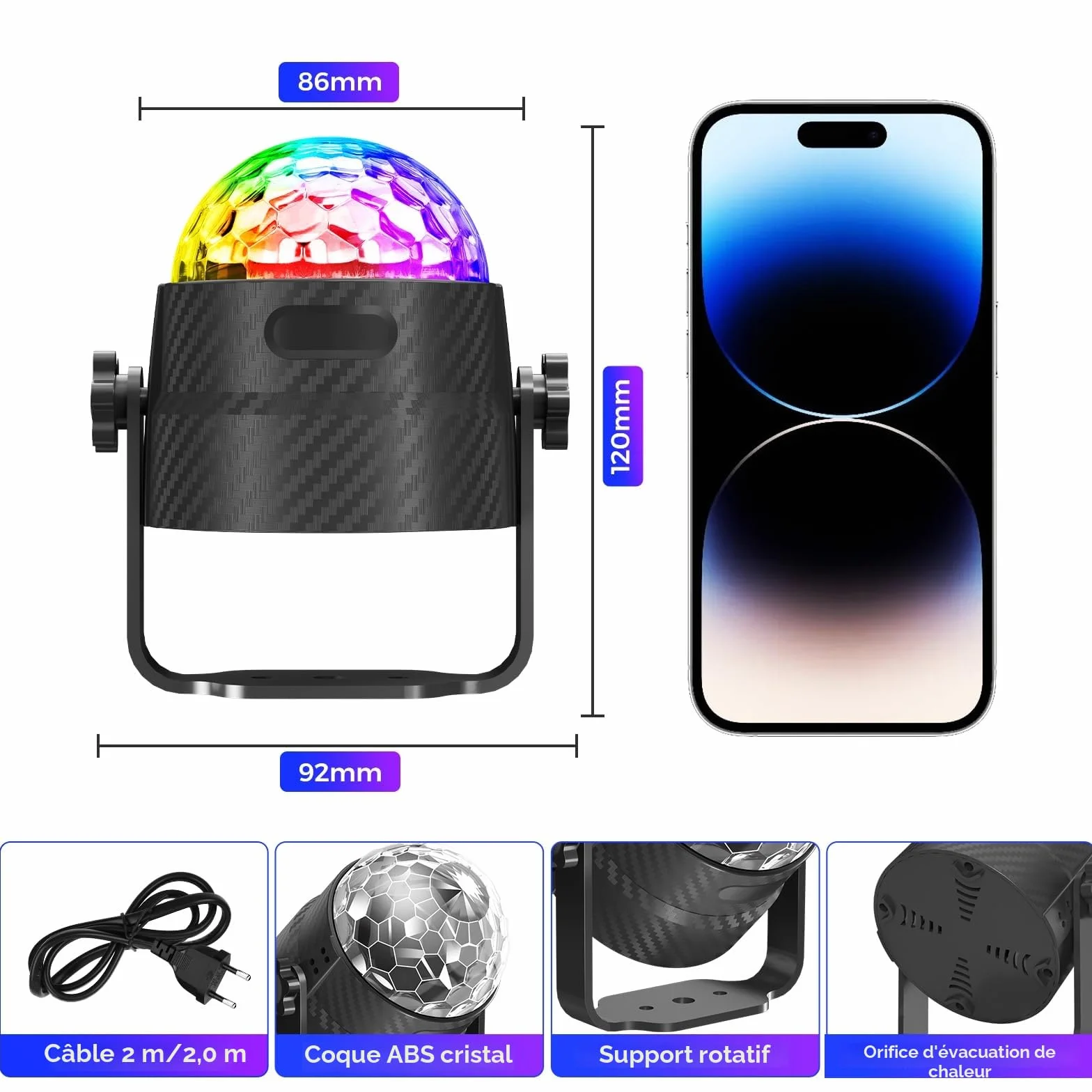 Boule disco 360° rotation contrôlée par musique RGBP 15 couleurs avec télécommande câble 2 mètres