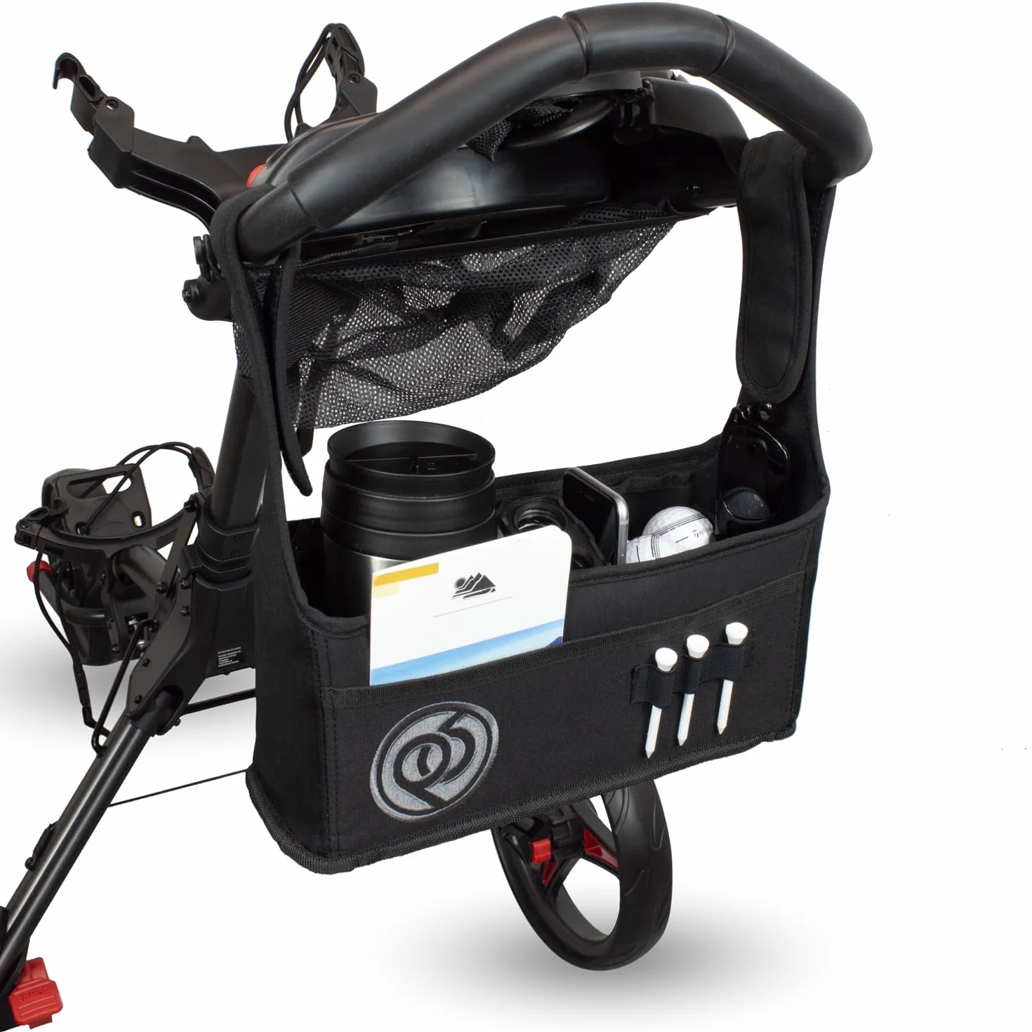 Poche organisatrice universelle pour chariot de golf à pousser, support à accès facile pour accessoires, télémètre, boisson et plus. Compatible avec Motocaddy, Powakaddy, Clicgear, Cube, Masters, Big