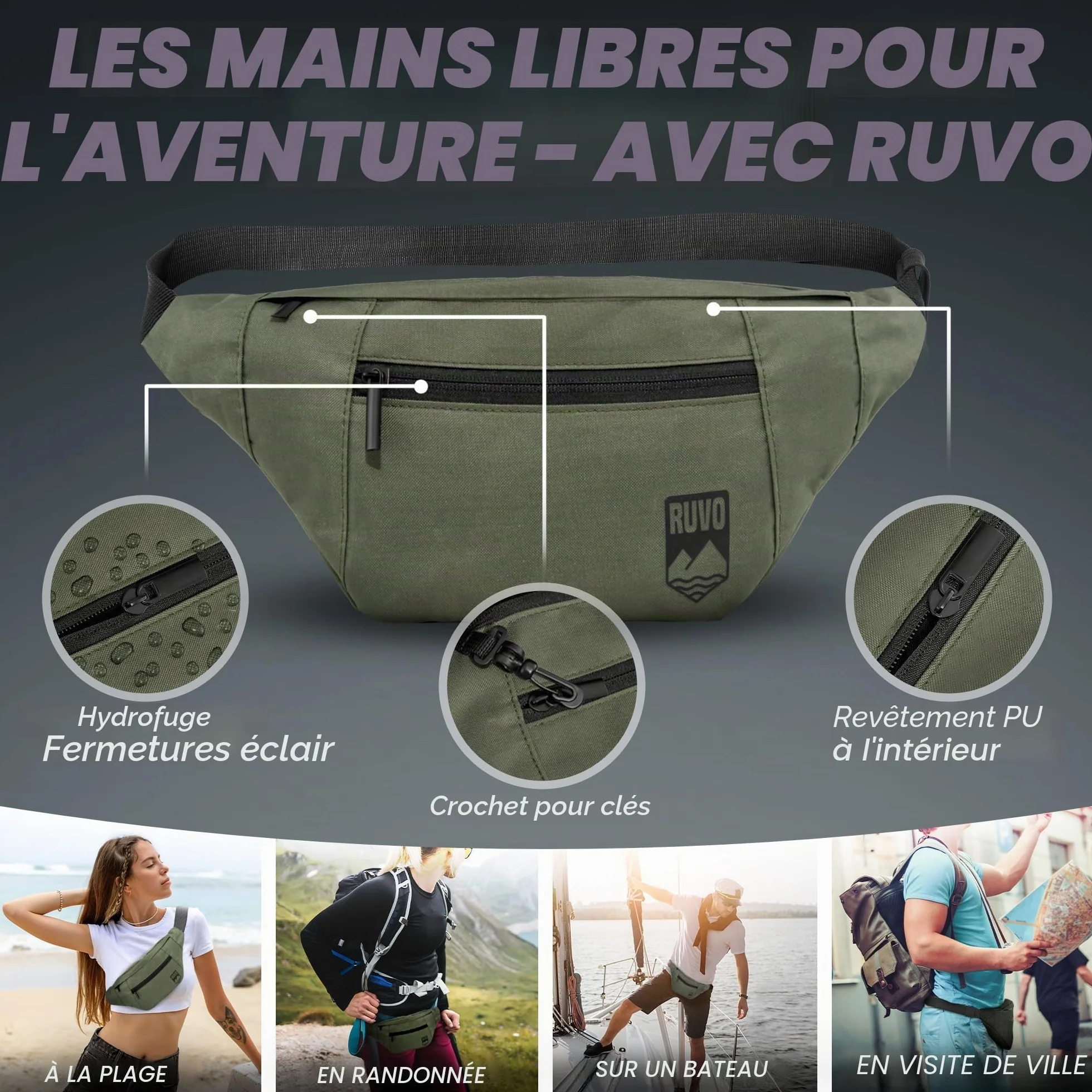 RUVO® sac banane élégant - 4 compartiments, fermeture éclair - rangement maximal pour toutes les activités, Olive, taille unique