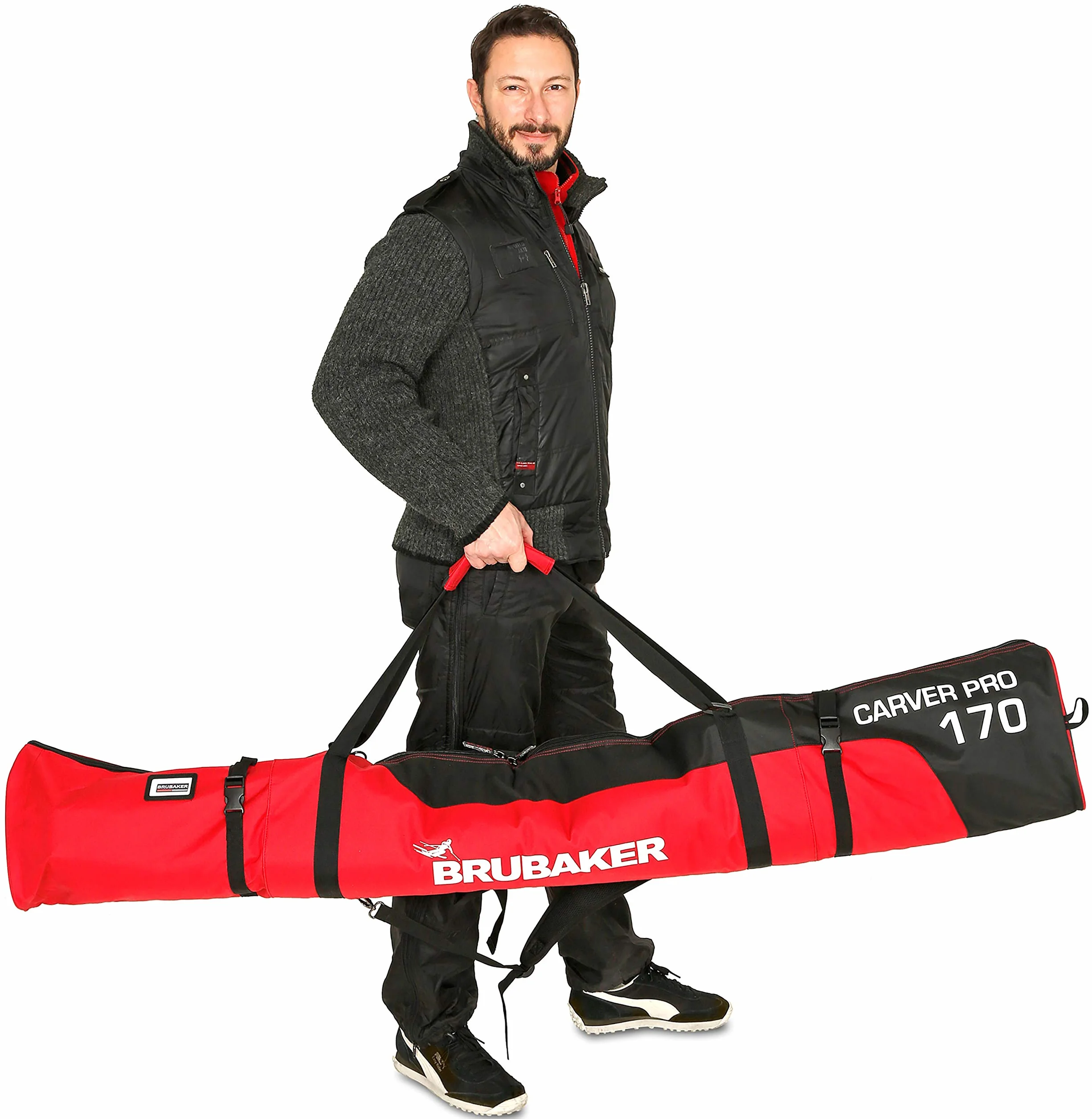 BRUBAKER Sac à Chaussures de Ski Super Function et Housse à Skis Carver Pro 170 cm Noir/Rouge