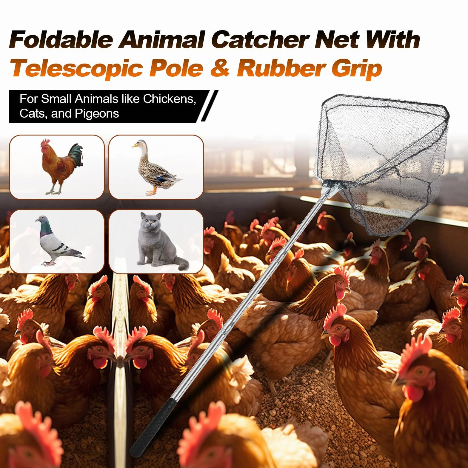 Filet de capture de poulet, filet animal avec poteau extensible en acier inoxydable de 117 cm, filet à poulet pour poulets, canards, oiseaux, chats, chiens, résille, attrape-poulet pour