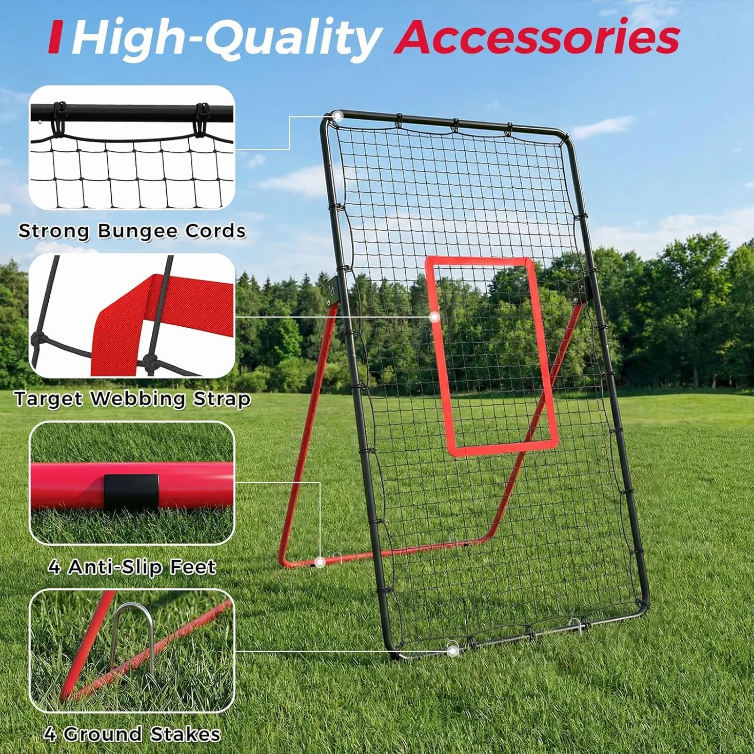 Filet De Rebond Volleyball 122x121x213 cm Cadre en Fer Multisports Portable Noir Rouge Jaune Vert Fluorescent