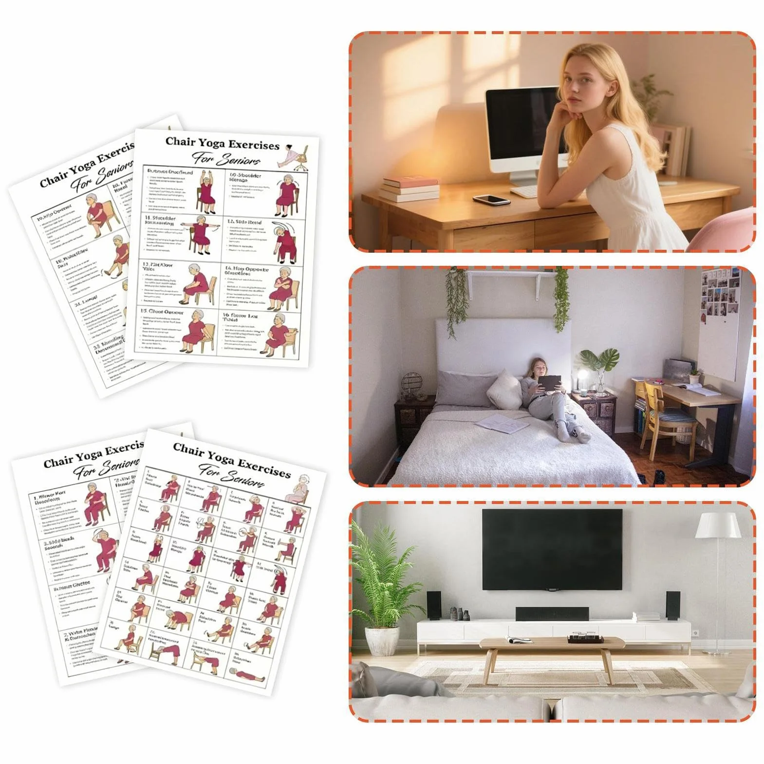 Poster de yoga sur chaise, routines organisées, 5 défis de 30 jours, tableaux d'exercices laminés, affiche d'entraînement de yoga pour personnes âgées