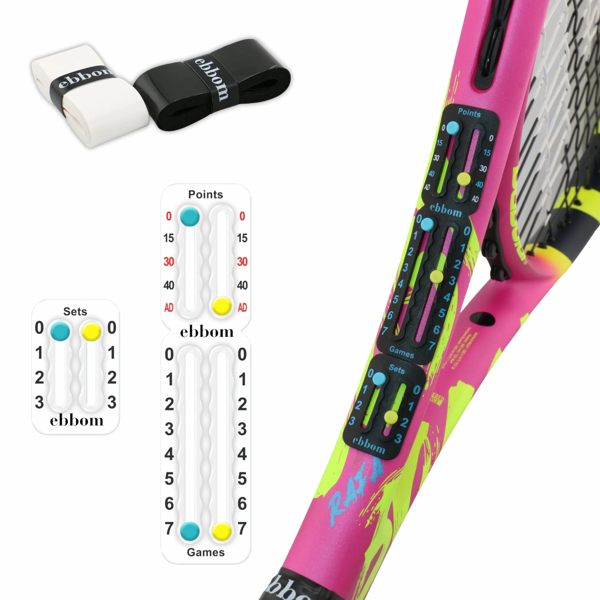 Compteur de Points Padel et Tennis Ultraléger avec Adhésif 3M - Inclus 2 Overgrips B/N et 1 Nettoyant – Adaptable à Toutes Les Raquettes et Palas – Accessoires Padel – Marqueur Padel