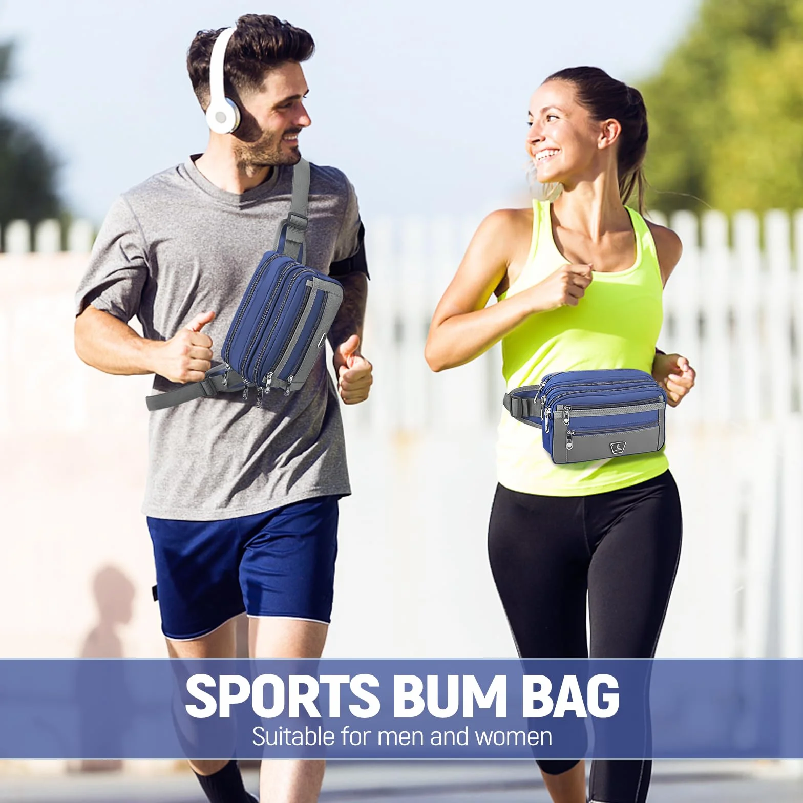 Sac Banane Homme Femme 7 Poches Zippées Sangle Réglable Grande Capacité Jogging Randonnée Cyclisme Bleu