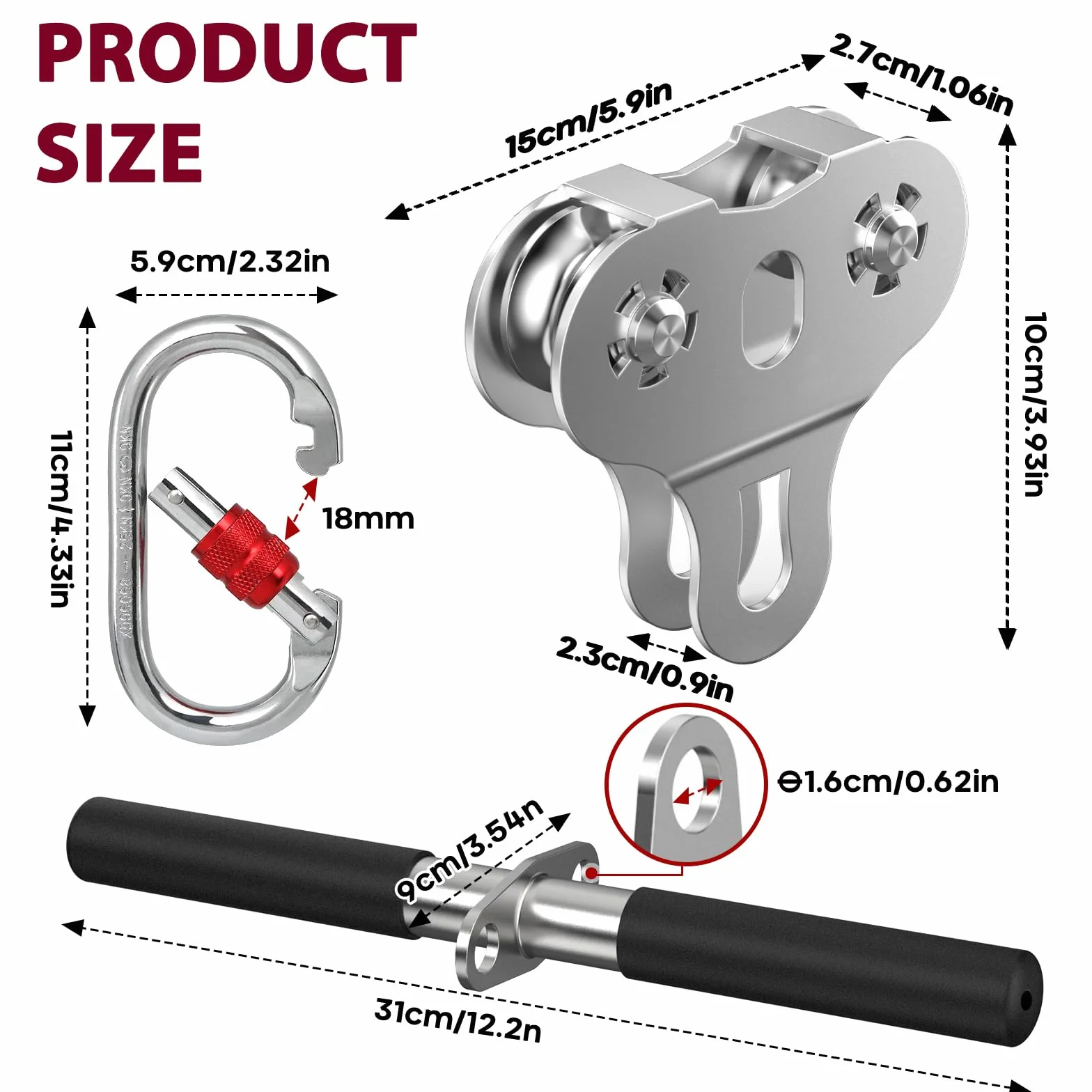 Poulie de tyrolienne double tandem acier inoxydable 304 avec mousqueton et poignée