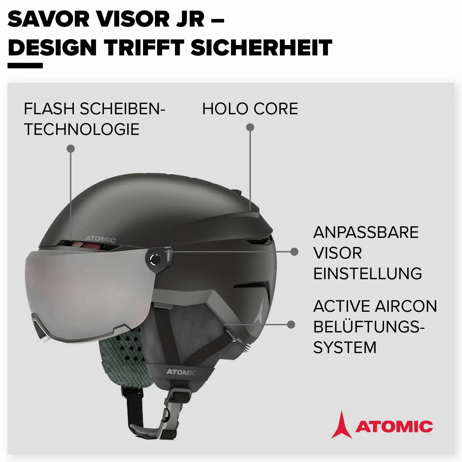 ATOMIC Savor Visor JR Casque De Ski avec Visière, Noir, Taille XS, Enfant Et Adolescent, Absorption Maximale des Chocs, Ventilation Active Aircon, Masque À Miroir Haut De Gamme