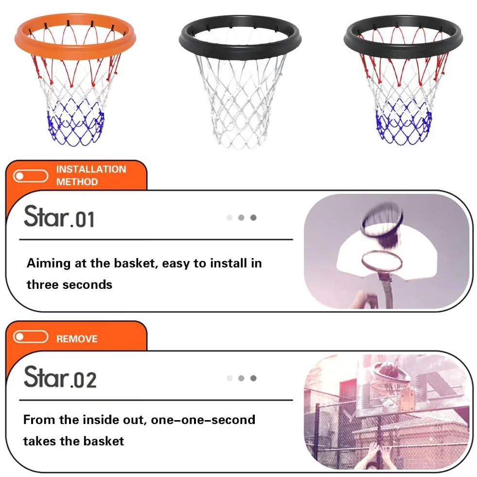 Filet de basket-ball portable amovible, système d'installation facile pour cerceaux sans monture