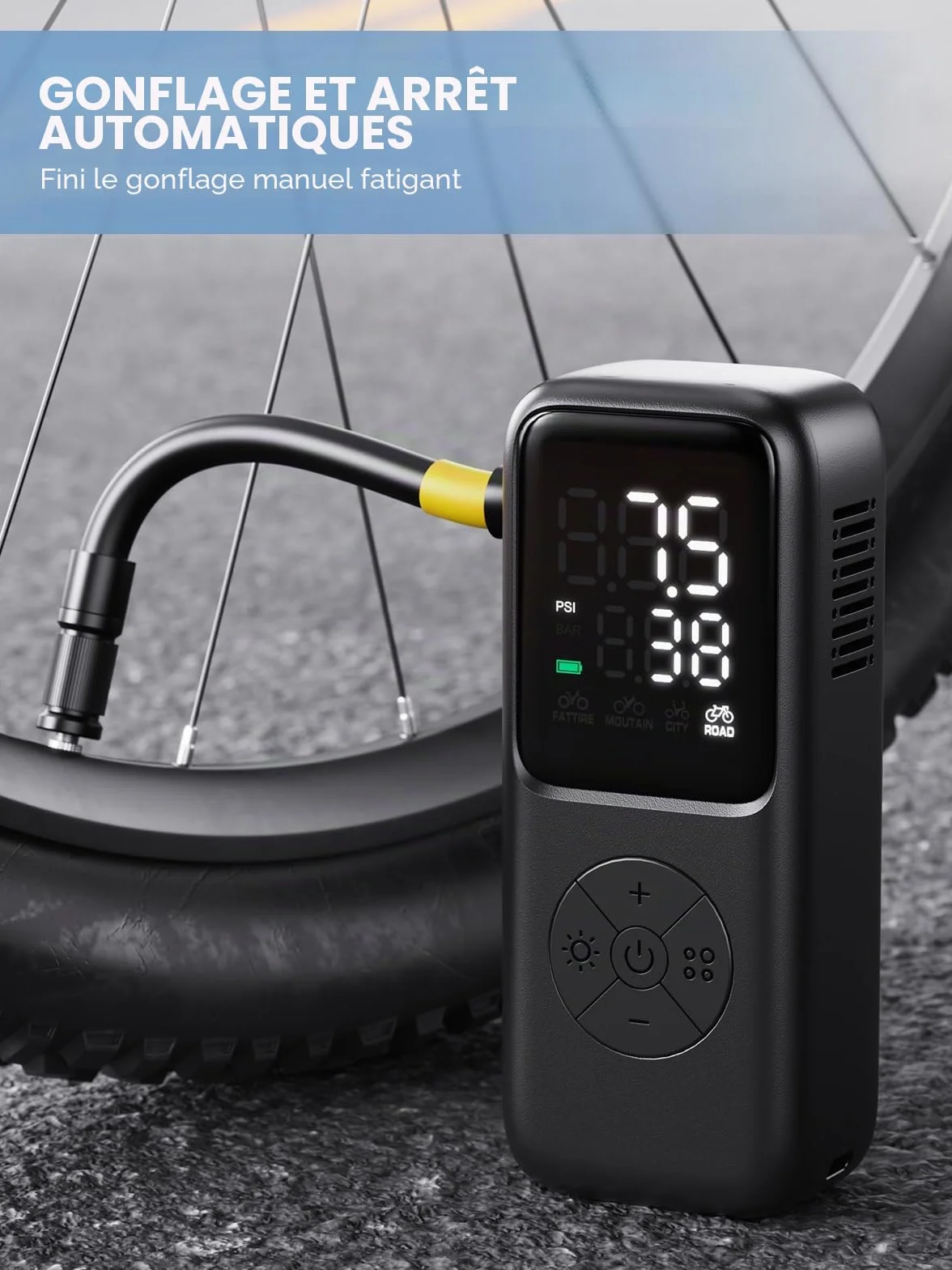 GPUTEK Pompe à vélo électrique 120 PSI avec jauge 5 Modes préréglés pour valves Schrader Presta