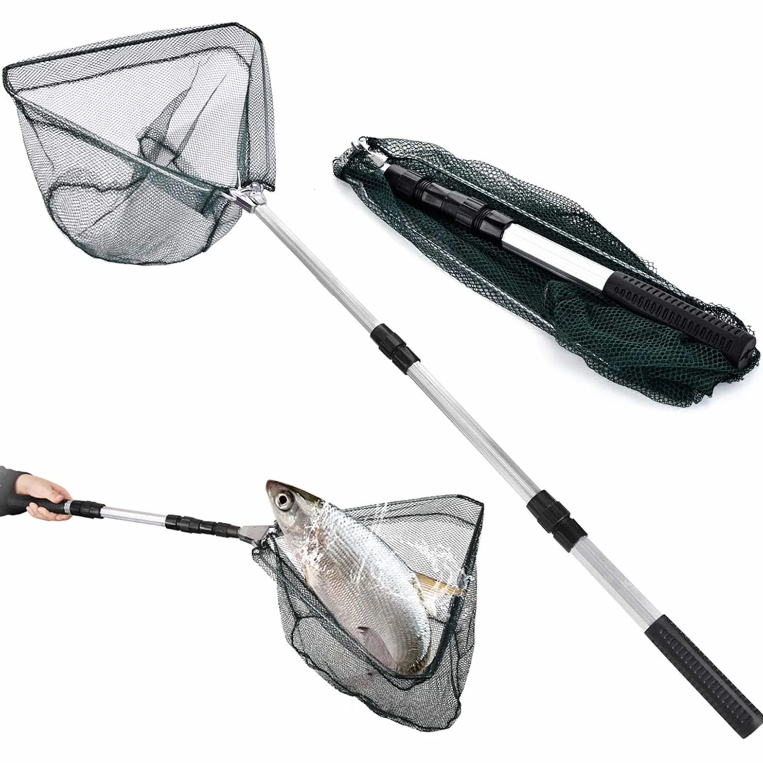 LEcylankEr Épuisette de pêche pliable caoutchoutée manche télescopique 120 cm