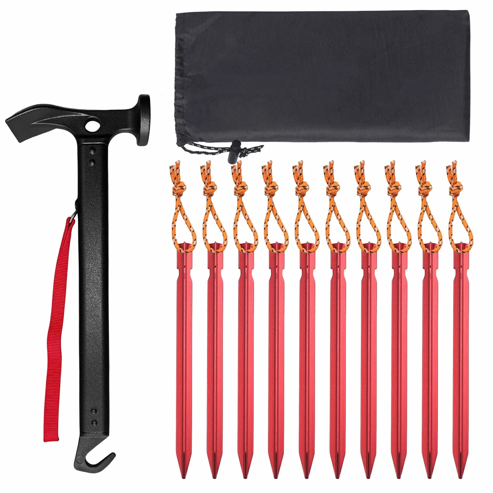 Marteaux de camping avec 10 piquets de tente : marteau de camping en aluminium robuste, facile à transporter, marteau de tente multifonctionnel, sac de rangement, pour le camping en plein