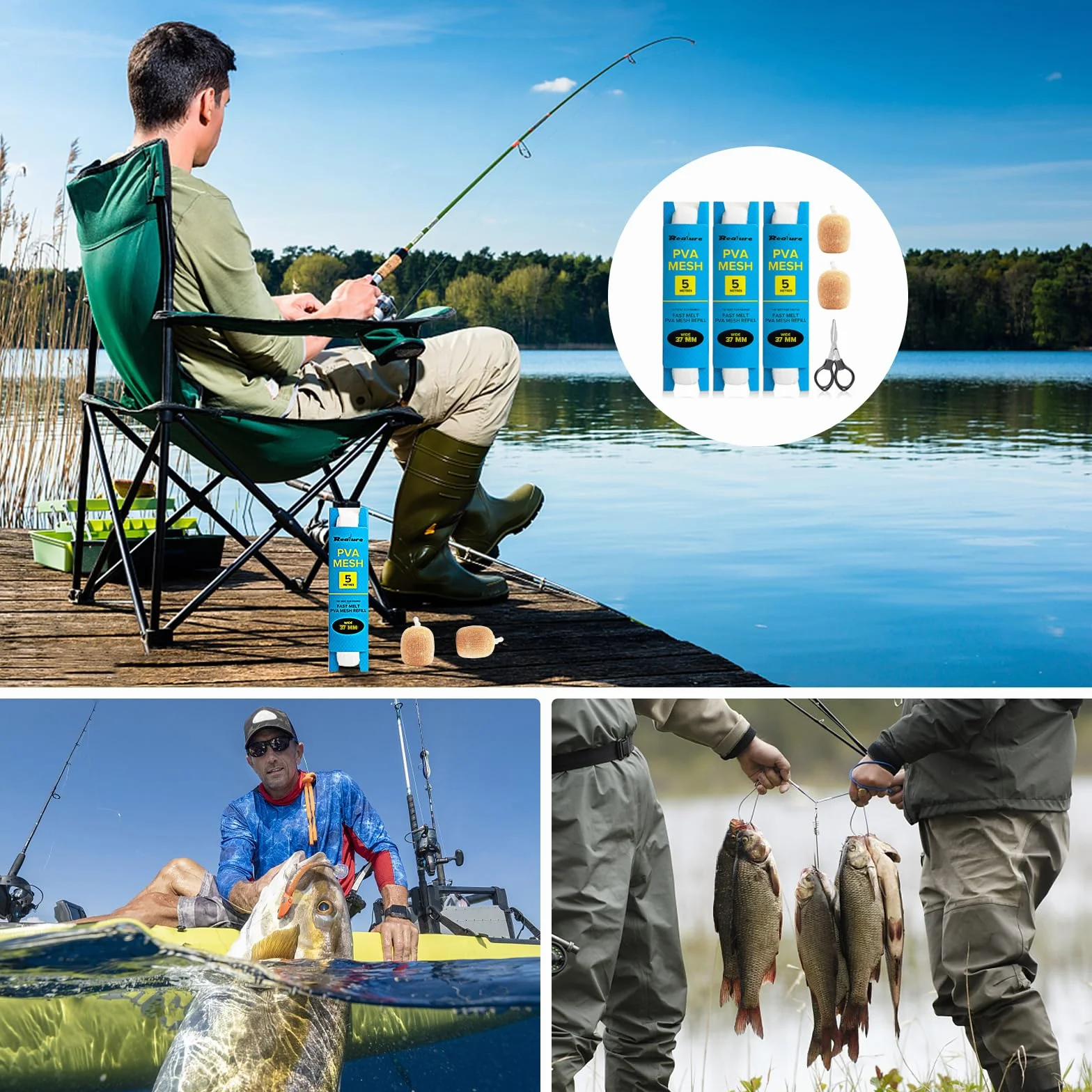 Realure Lot de 3 filets de pêche en PVA de 5 m - 25 mm/37 mm/44 mm de large - En maille PVA - Accessoires de pêche à la carpe - Avec ciseaux - Fondant rapidement - Sacs de pêche en PVA - Pour appâts