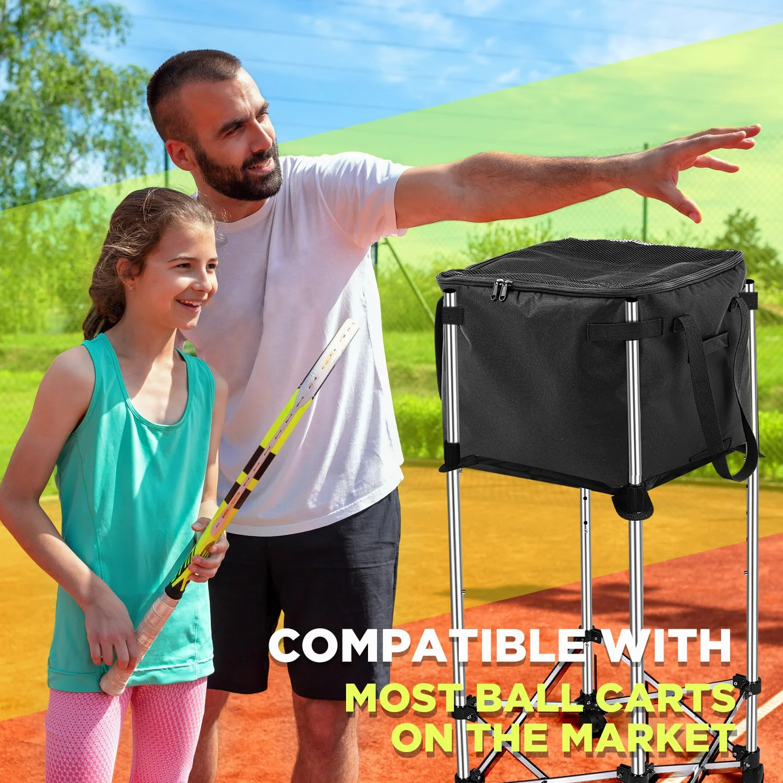 Aliceset Panier de balles de tennis avec poches latérales - Sac de rangement portable de rechange léger pour balle de baseball, tennis de table, cadre non inclus