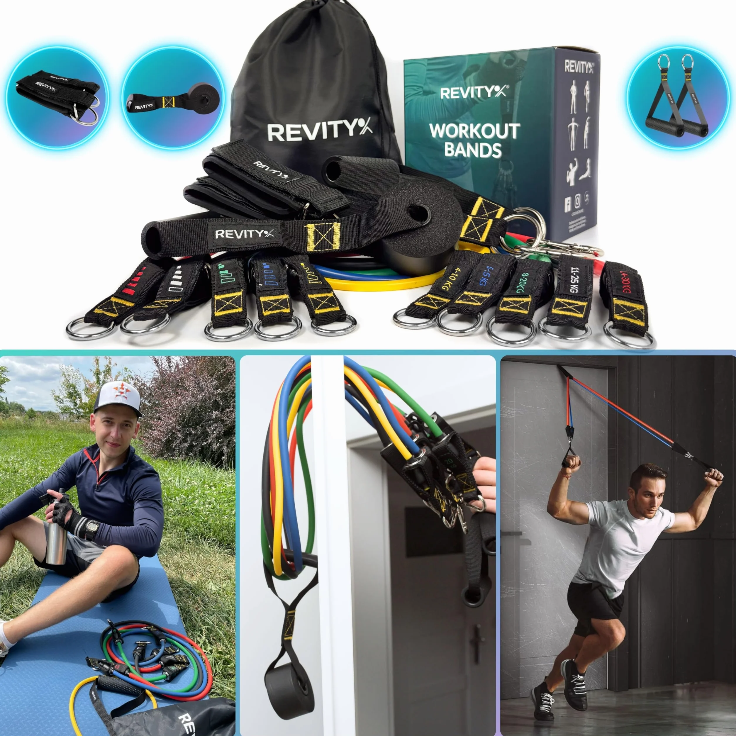 Elastique Musculation Kit 5 Pièces - Bande de Résistance avec Poignées pour Entraînement Fitness à la Maison