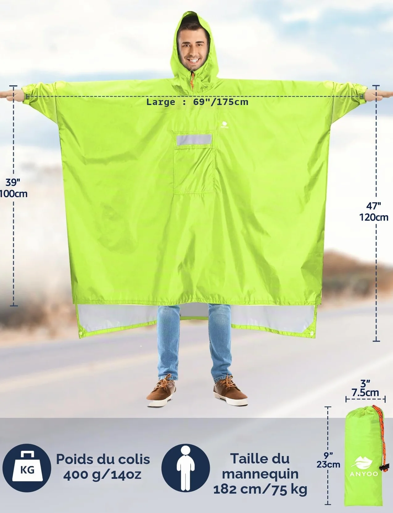ANYOO Poncho imperméable réutilisable respirant avec capuche Taille Unique