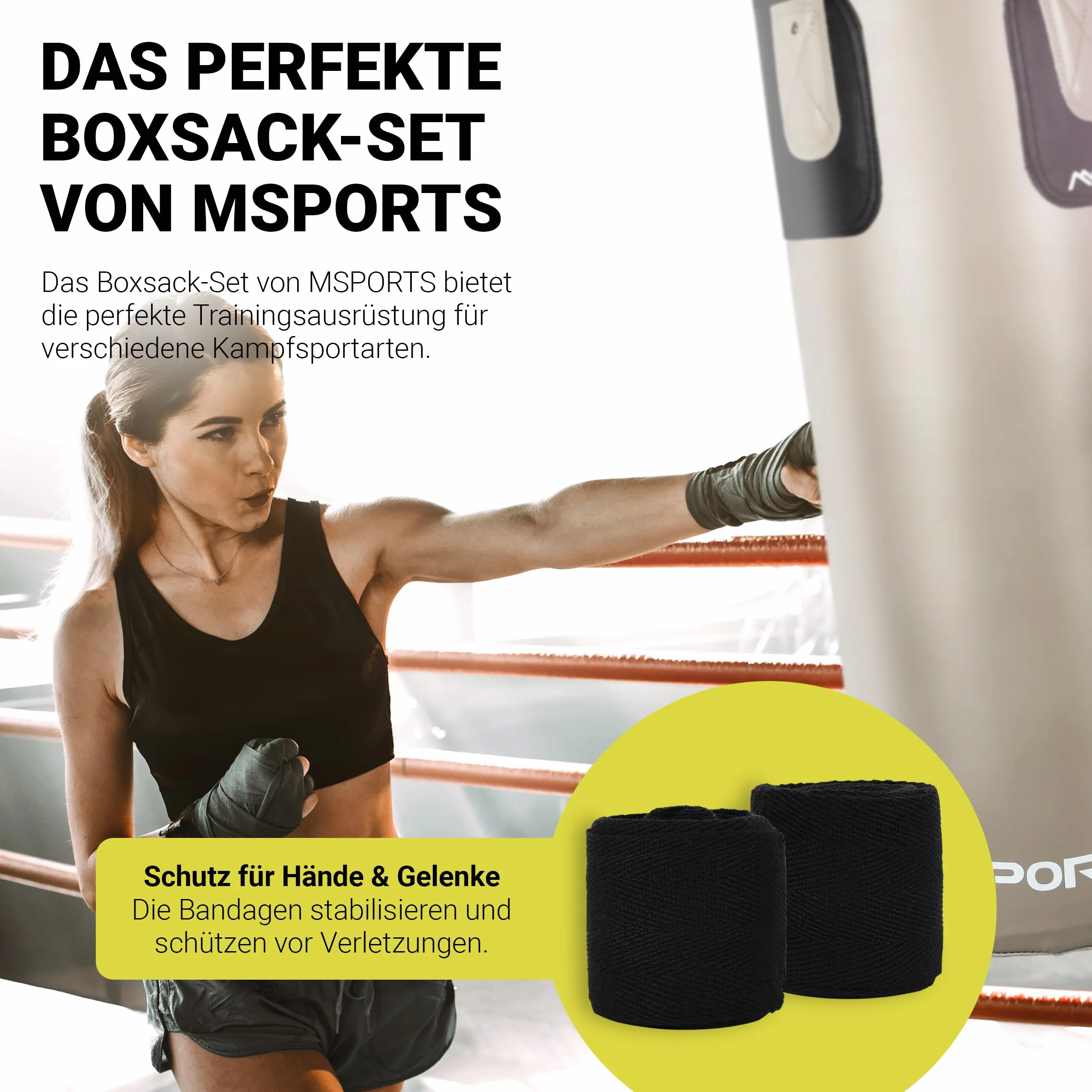 MSPORTS Punch Bag Set Premium 80 × 30 cm – Sac de frappe 25 kg + gants de boxe & bandages – Entraînement de boxe, kickboxing et fitness à la maison ou en studio