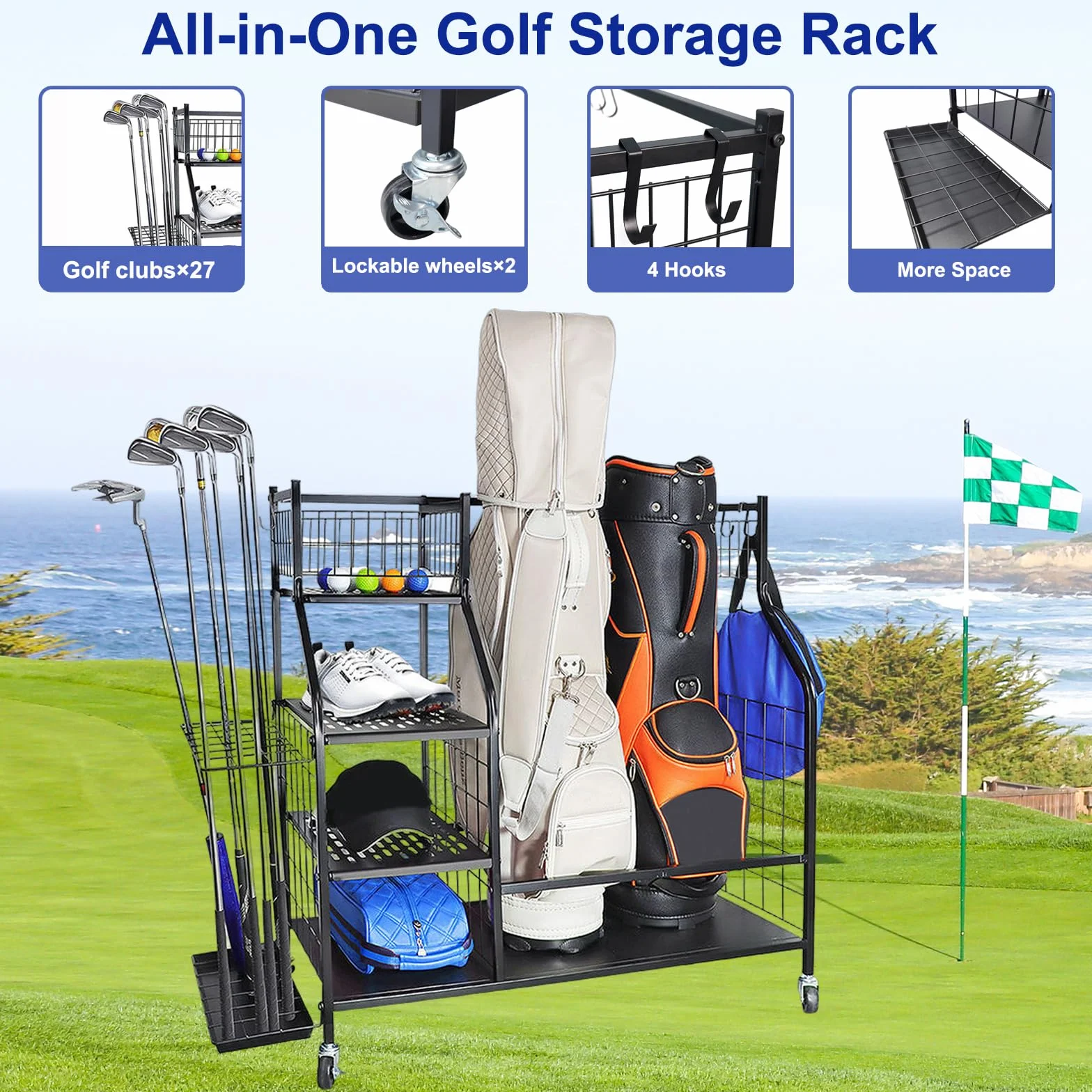Support de rangement pour sacs de golf avec roues verrouillables