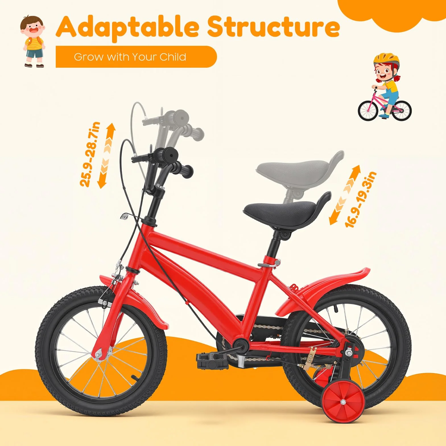 Vélo enfant 14 pouces roues stabilisatrices double freinage selle réglable