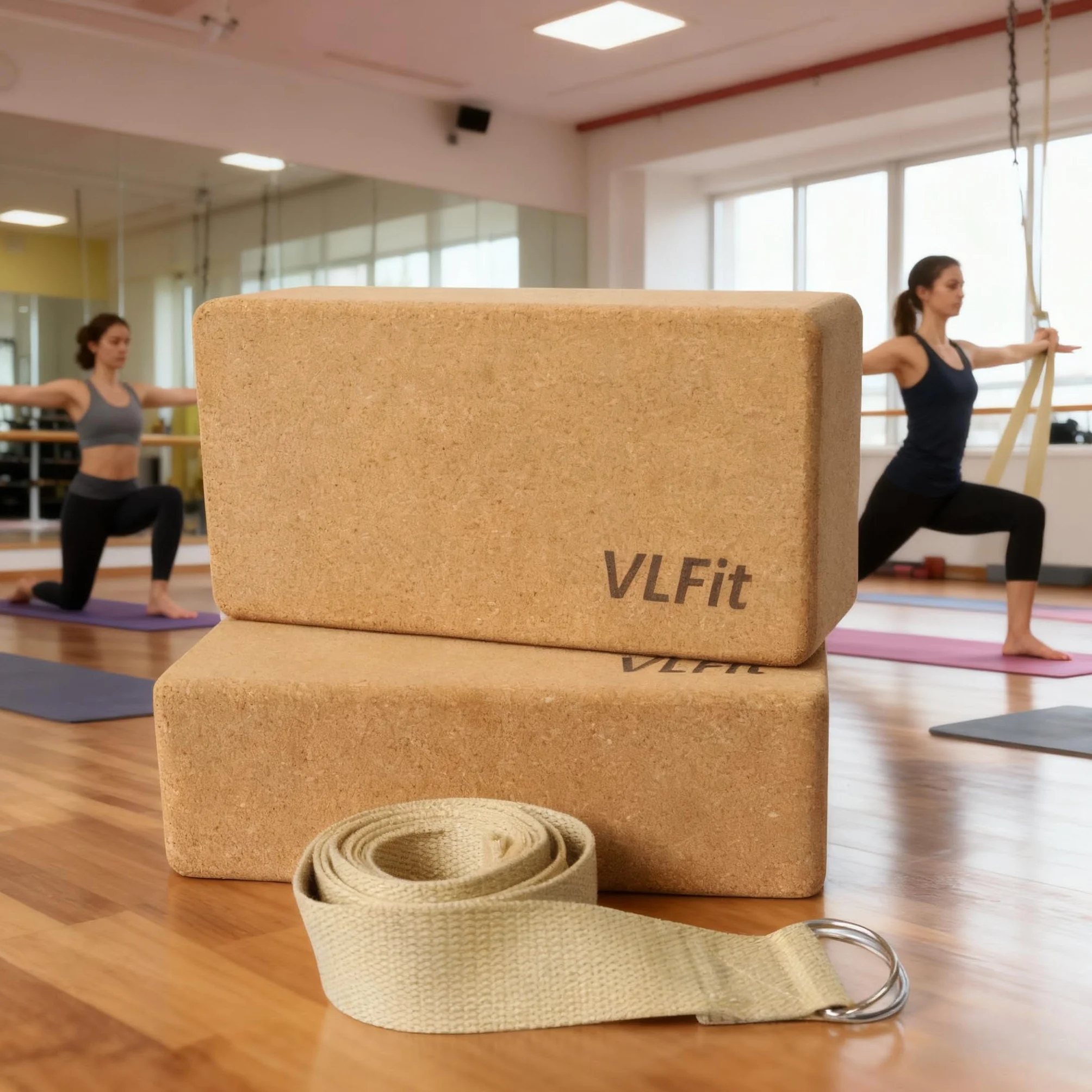 Blocs de yoga en liège lot de 2 avec sangle coton VLFit