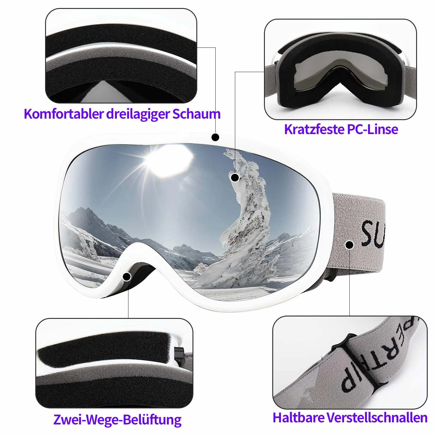 Masques de Ski Supertrip Anti-buée UV400 Compatible Casque Ski Homme Femme