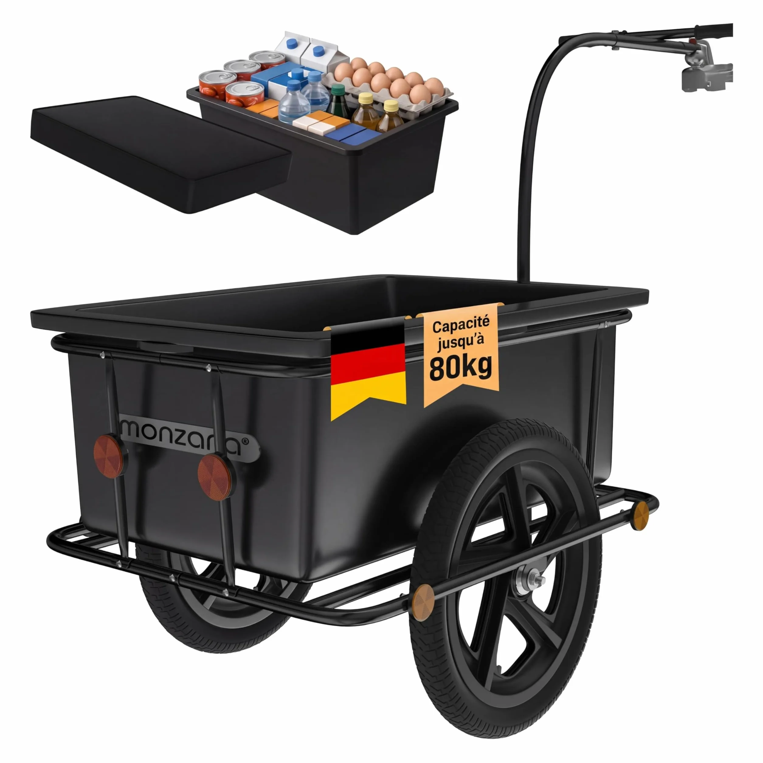 MONZANA Remorque Vélo Cuve 90L Amovible Bâche Barre Attelage Rotatif Réflecteurs Transport Chariot 80kg