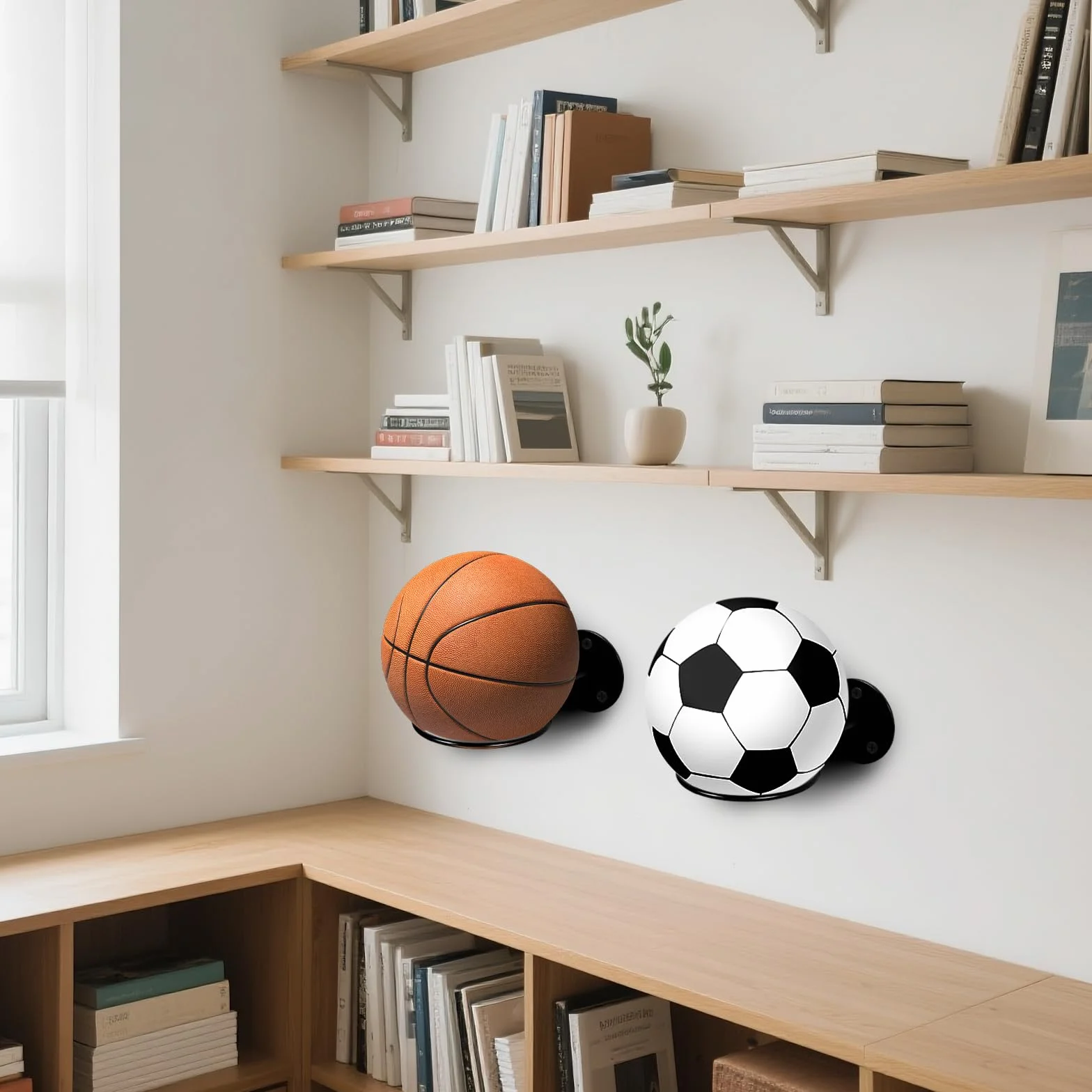 Porte Ballon Basket Supports Mural 4 Pièces, Rangement Ballons Football Volley, Noir