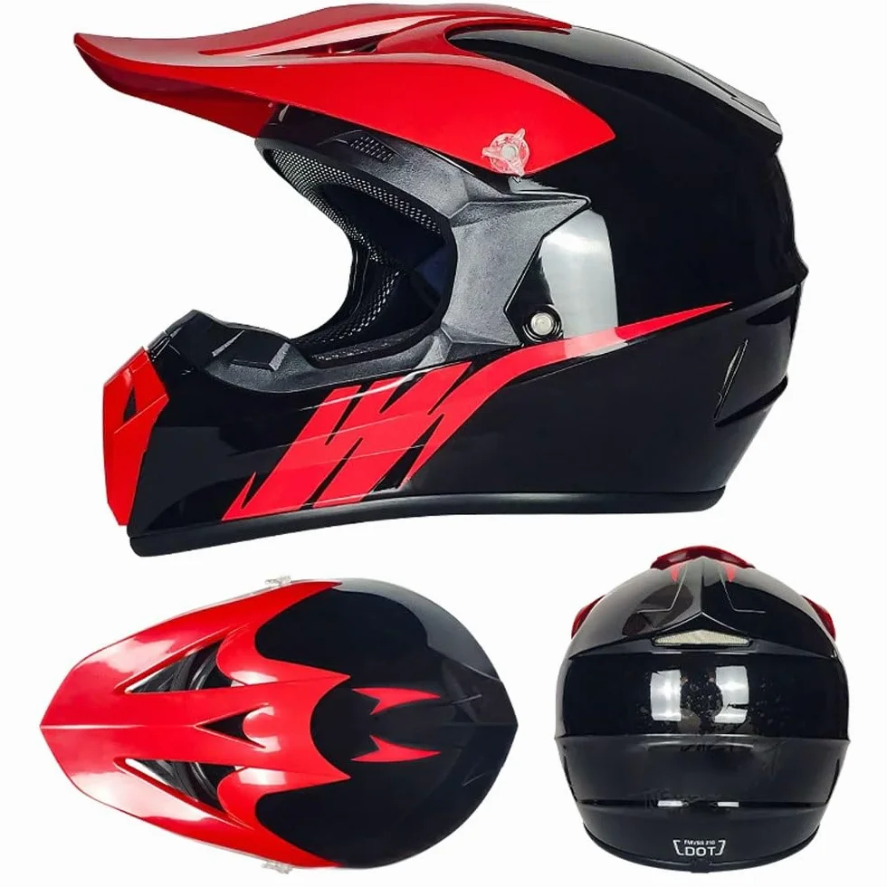 Casque Moto Hors Route Enfant avec Gants Lunettes Masque, MTB VTT BMX Descente Cross, Unisexe