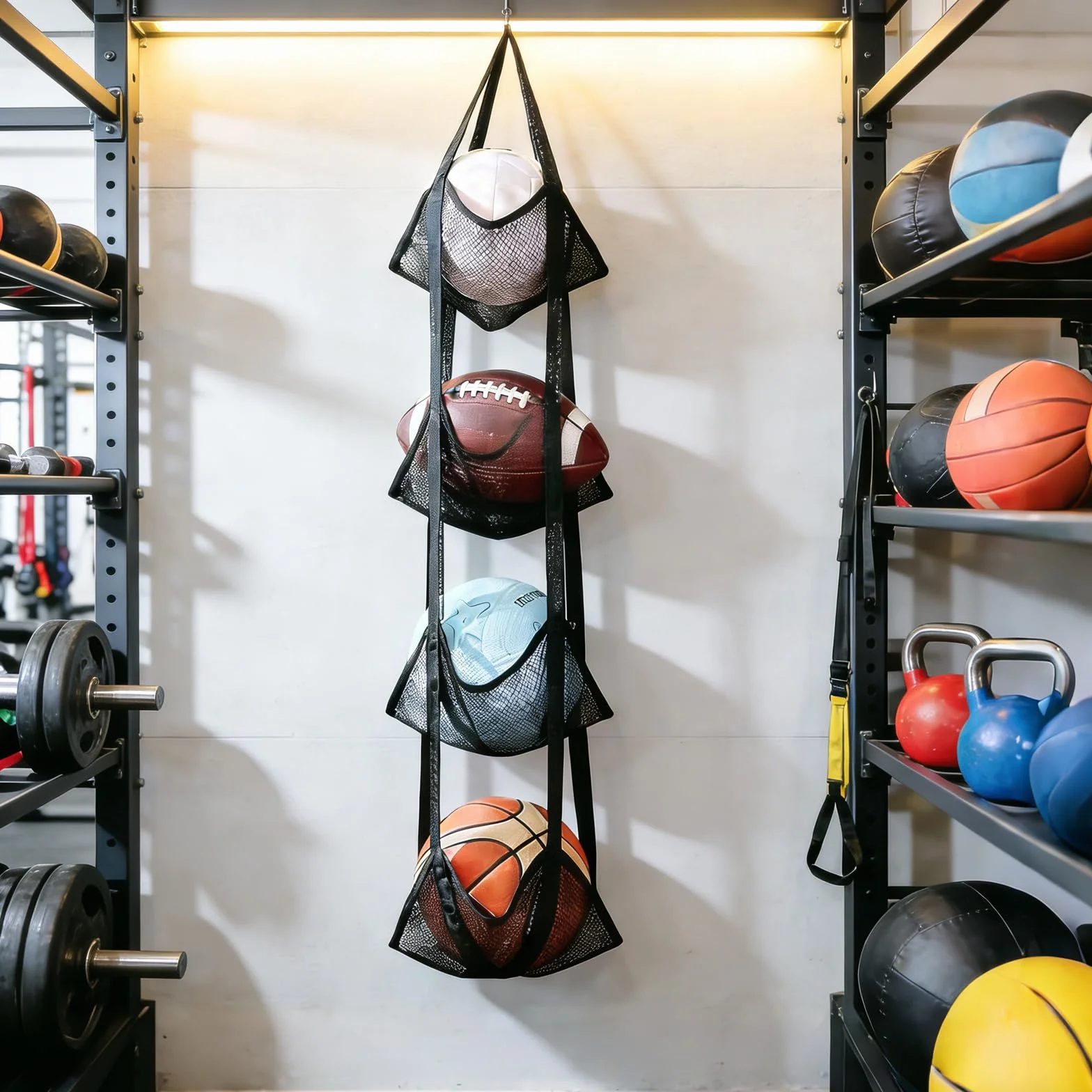 Rangement Ballon Mural Suspendu 4 Niveaux, Support Ballon en Nylon pour Basketball Football Volleyball, Organisateur Garage Cave (Noir)
