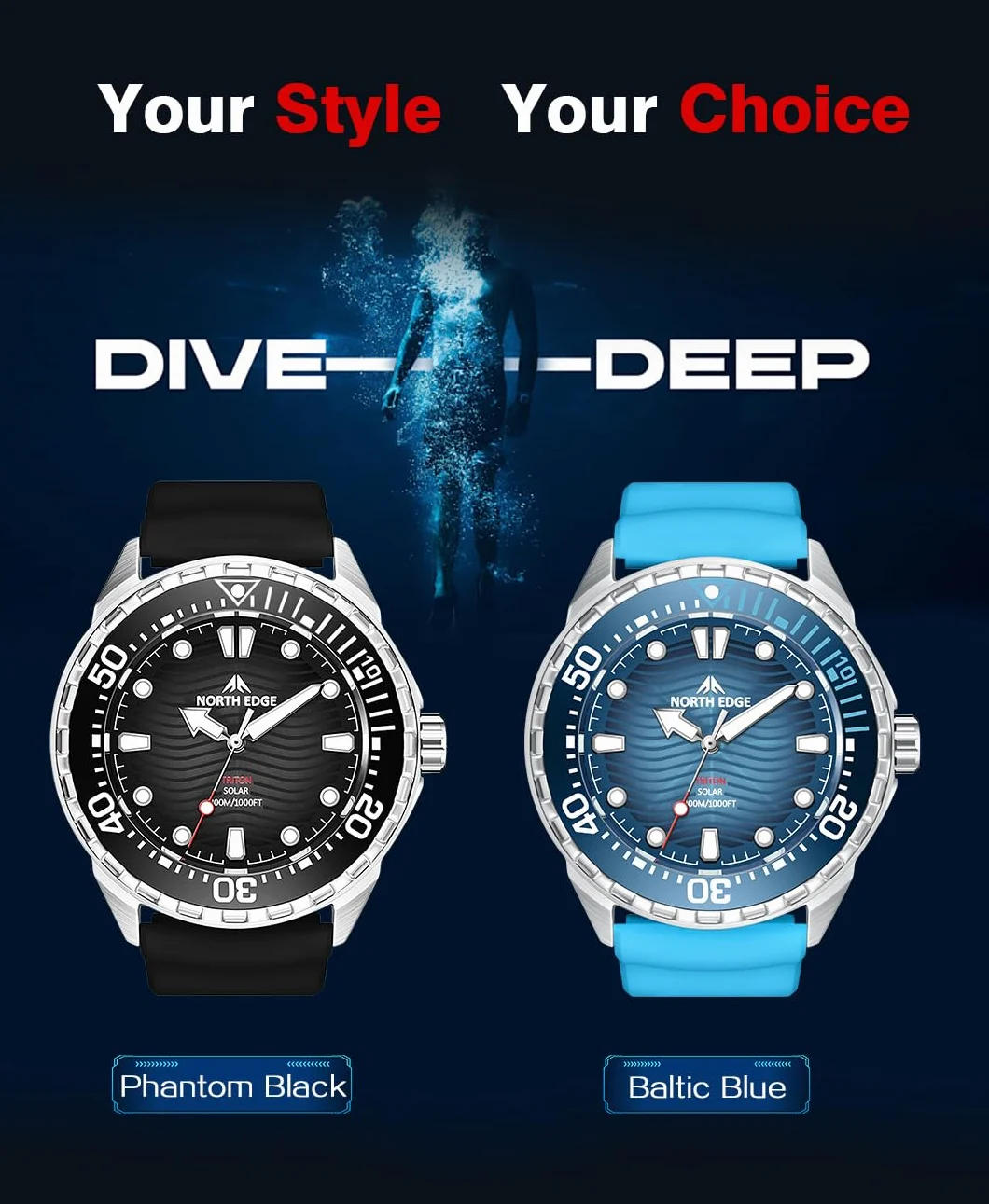 NORTH EDGE Collection Triton Montres de plongée solaires 300 m