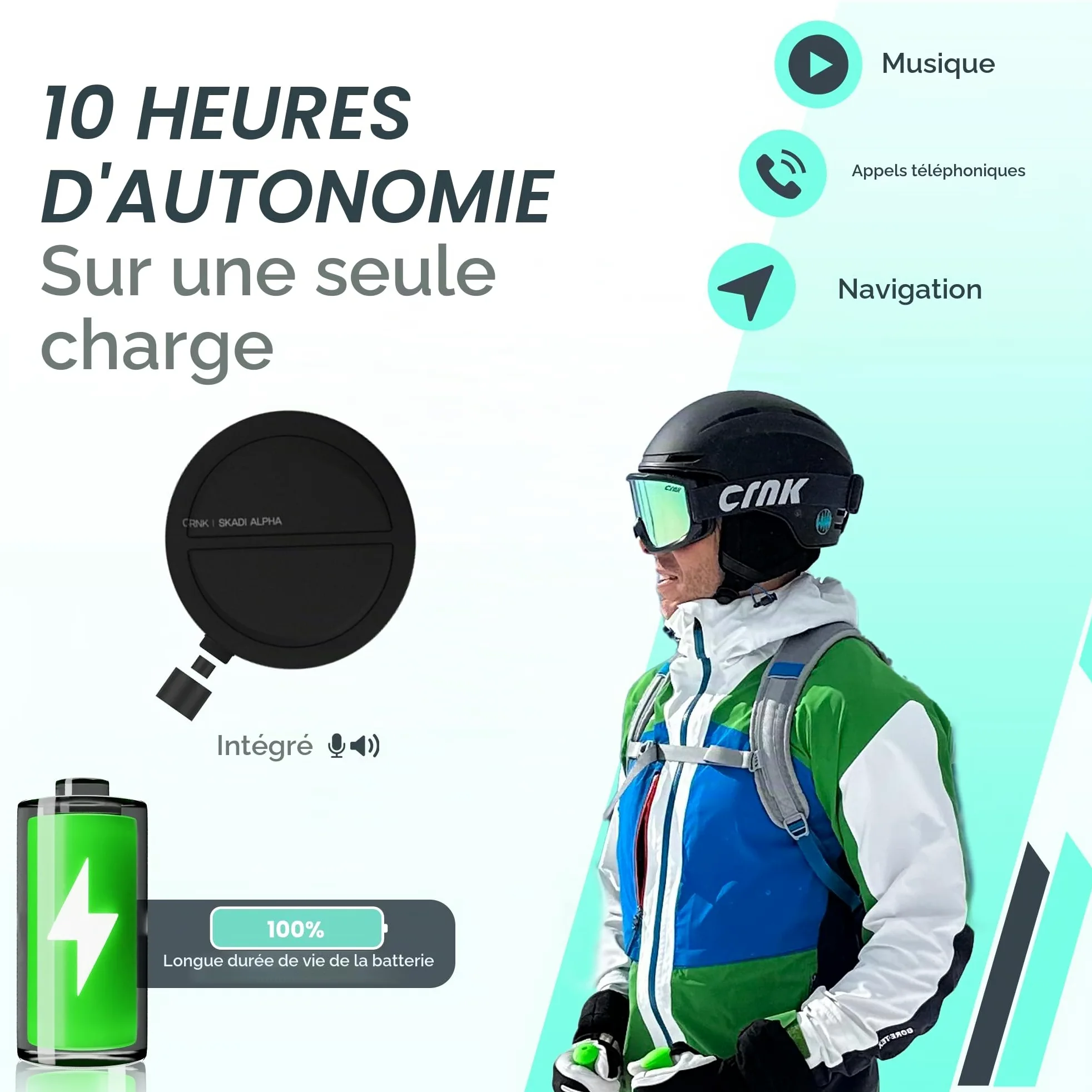 CRNK Skadi Casque de Ski Bluetooth - Casque Ski Homme - Casque Ski Femme - Casques de Ski - Casque Snowboard - Ski Homme - Casque de Ski Homme - Ski Bluetooth - Casque Ski Noir - Noise Cancelling