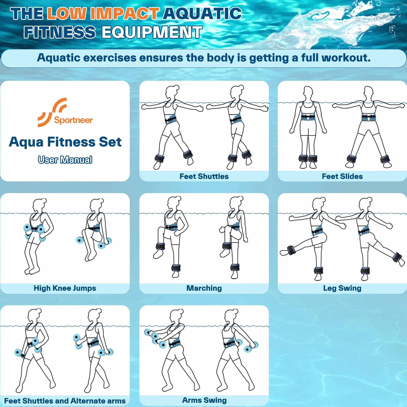 Sportneer Kit d'accessoires d'aquagym 3 en 1 avec haltères aquatiques EVA, ceinture de jogging pour adulte, poids de cheville – Accessoires de fitness et équipements de sports nautiques 2