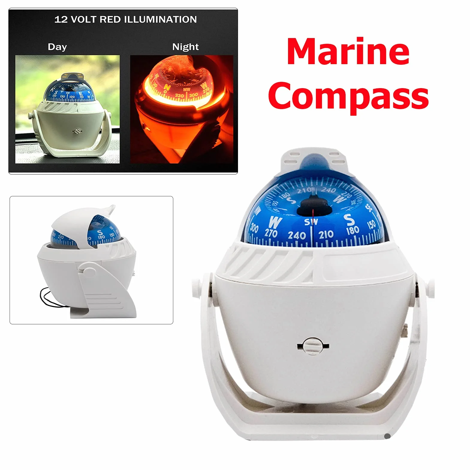 Boussole Marine Étanche avec Mont Boule pour Bateau Caravane Blanc Tableau Bord pivotante éclairée