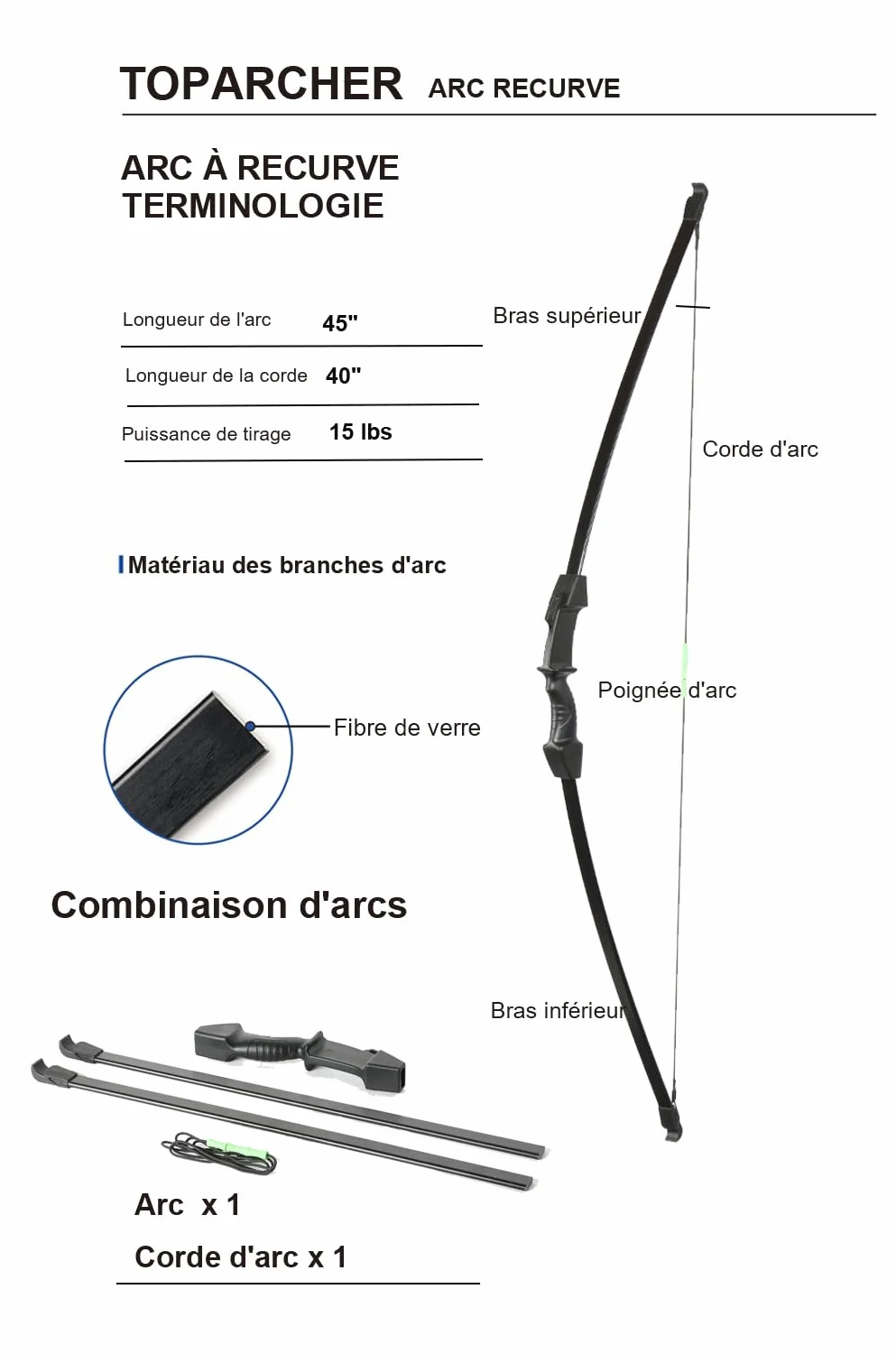 Arc et flèche Takedown Arc recurve 12pcs flèches Fibre de Verre Chasse Junior Débutant 15lbs