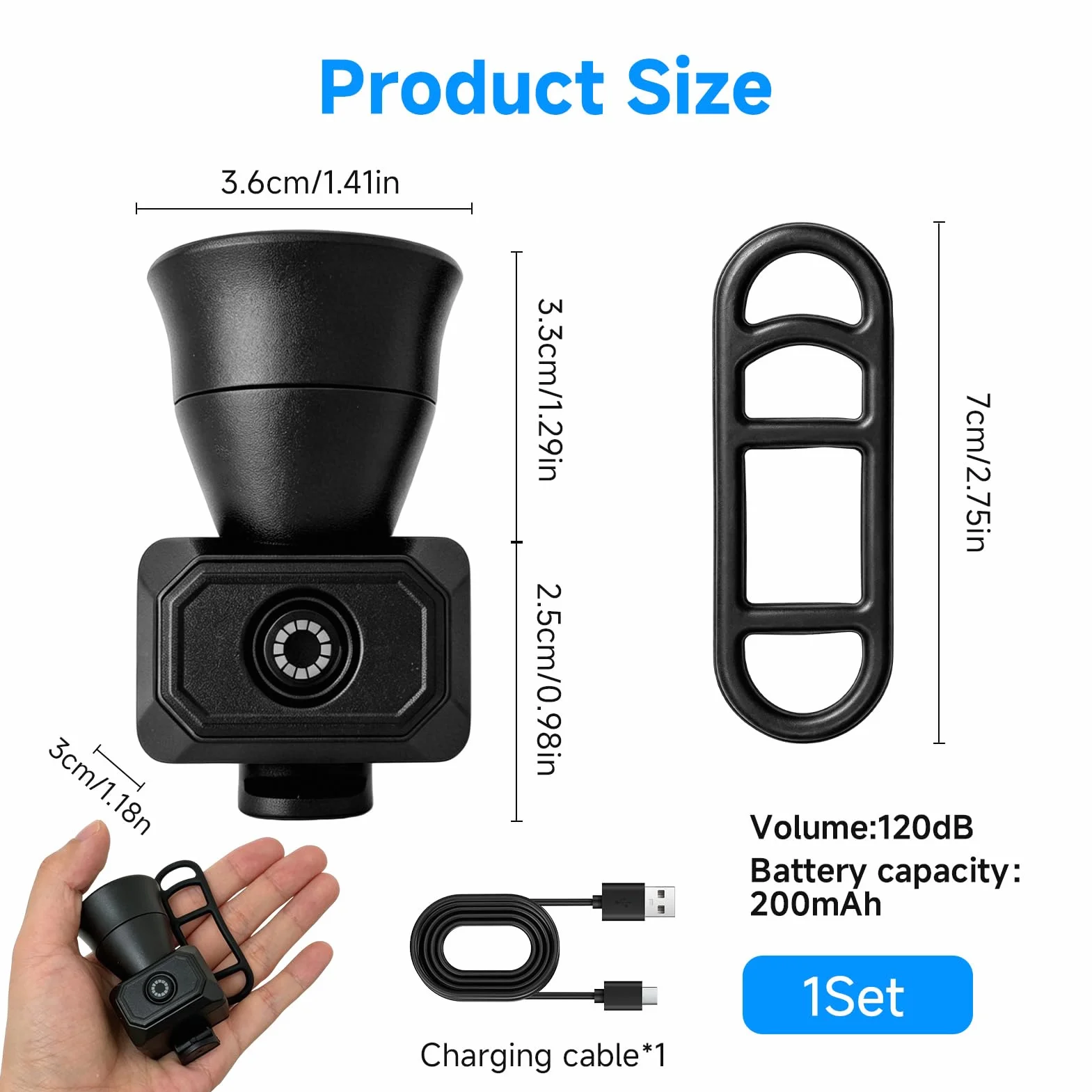 Sonnette Velo Electronique 120dB IPX4 Rechargeable USB 5 Modes Alarme Velo Noir