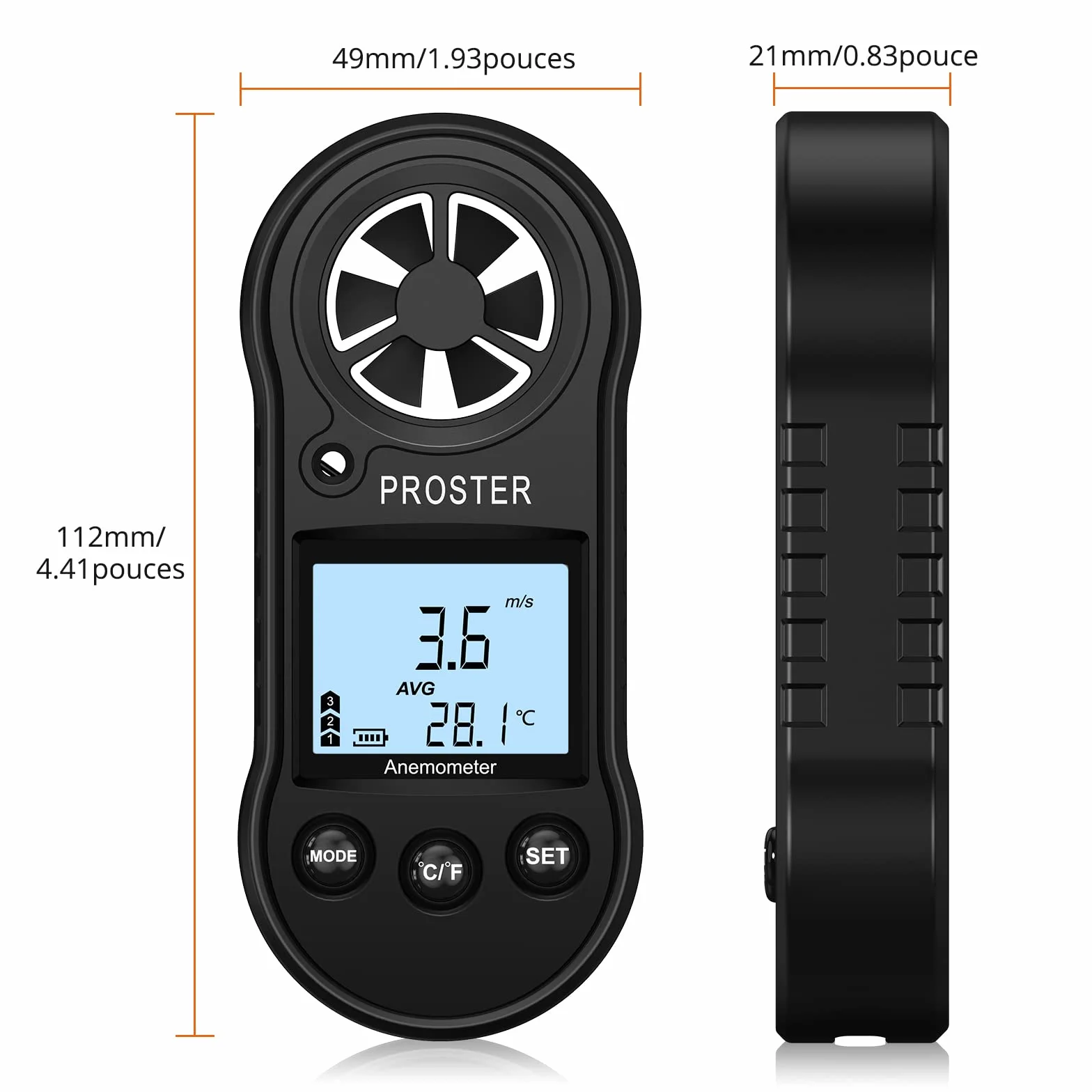 Proster Anémomètre Portable Numérique Écran LCD sans Fil Mesure Vitesse Température Vent 5 Unités