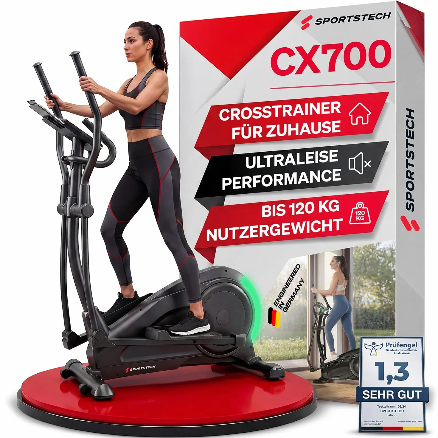 Sportstech CX700 Vélo Elliptique avec Technologie LED, Frein Magnétique 24 kg, 12 Programmes