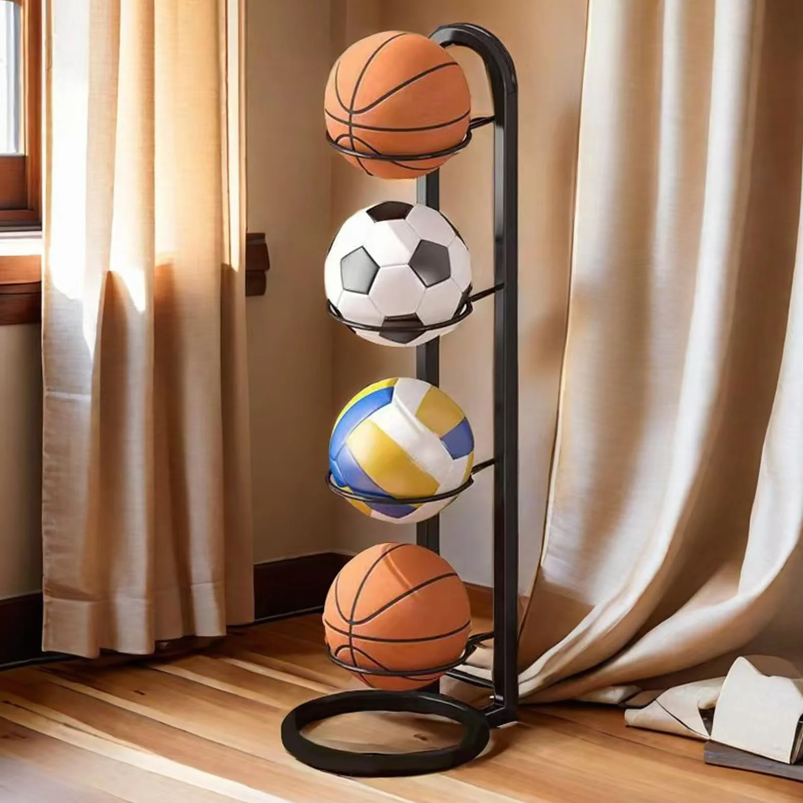 Support Ballon Foot 4 Niveaux, Support Ballon Vertical Amovible, Porte Ballon Basket pour Football, Basketball, Volleyball et Rugby (Noir)
