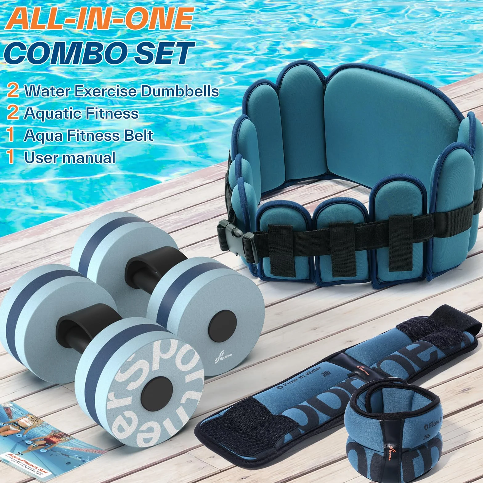 Sportneer Kit d'accessoires d'aquagym 3 en 1 avec haltères aquatiques EVA, ceinture de jogging pour adulte, poids de cheville – Accessoires de fitness et équipements de sports nautiques 2