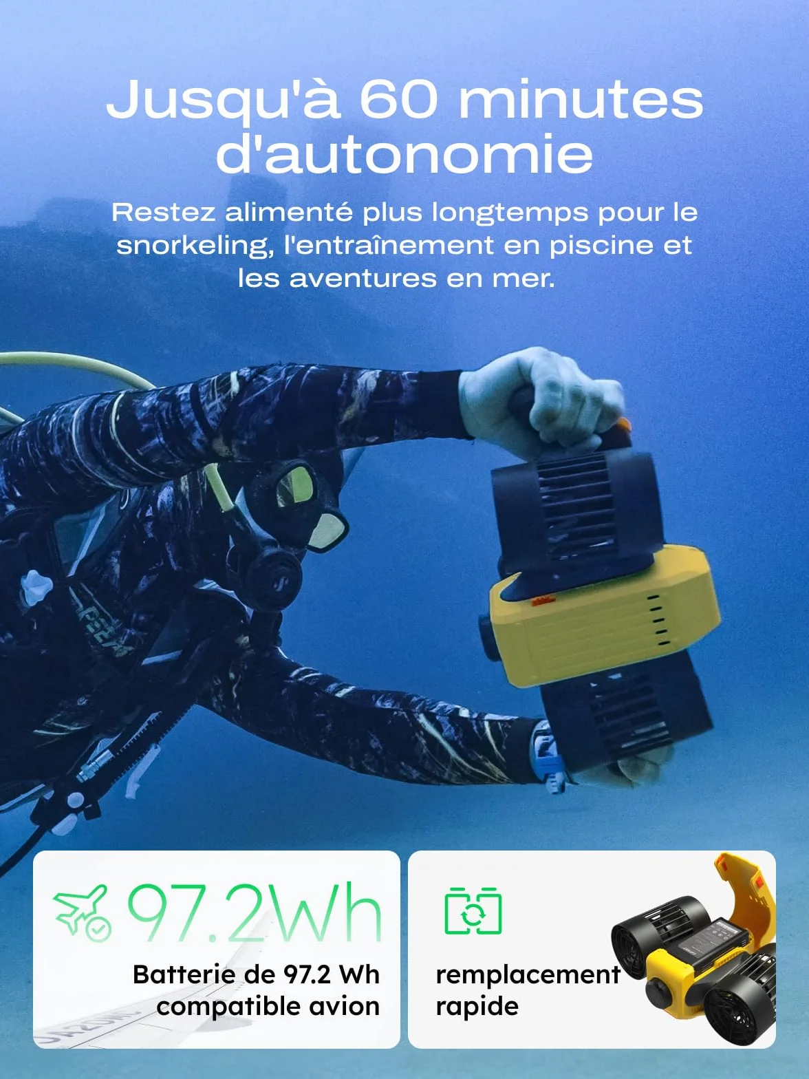 LEFEET Trottinette sous-Marine C1 Deux Moteurs IPX8 30 m étanche Batterie 60 Min Support caméra