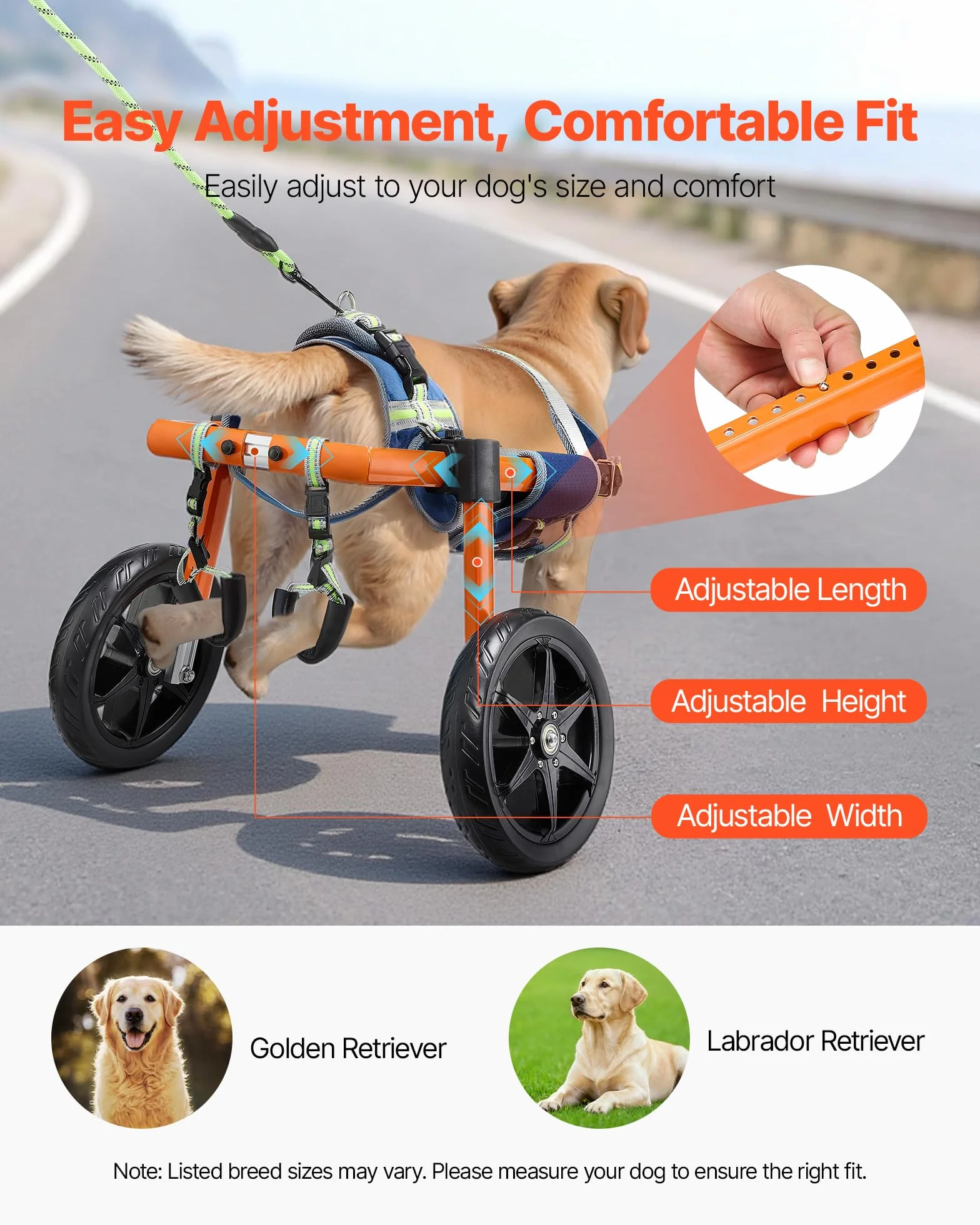 VEVOR Fauteuil Roulant pour Chien Pattes Arrières 2 Roues Taille M 15,88-21,77 kg Réglable Hauteur Largeur Longueur
