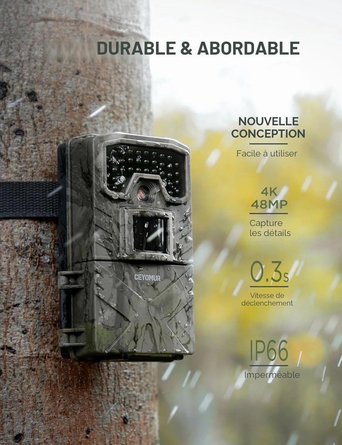 CEYOMUR Camera de Chasse, 4K 30fps Caméra de Chasse avec Vision Nocturne Infrarouge Étanche IP66 et Activée par Le Mouvement Piege Photographique pour la Surveillance de la Faune