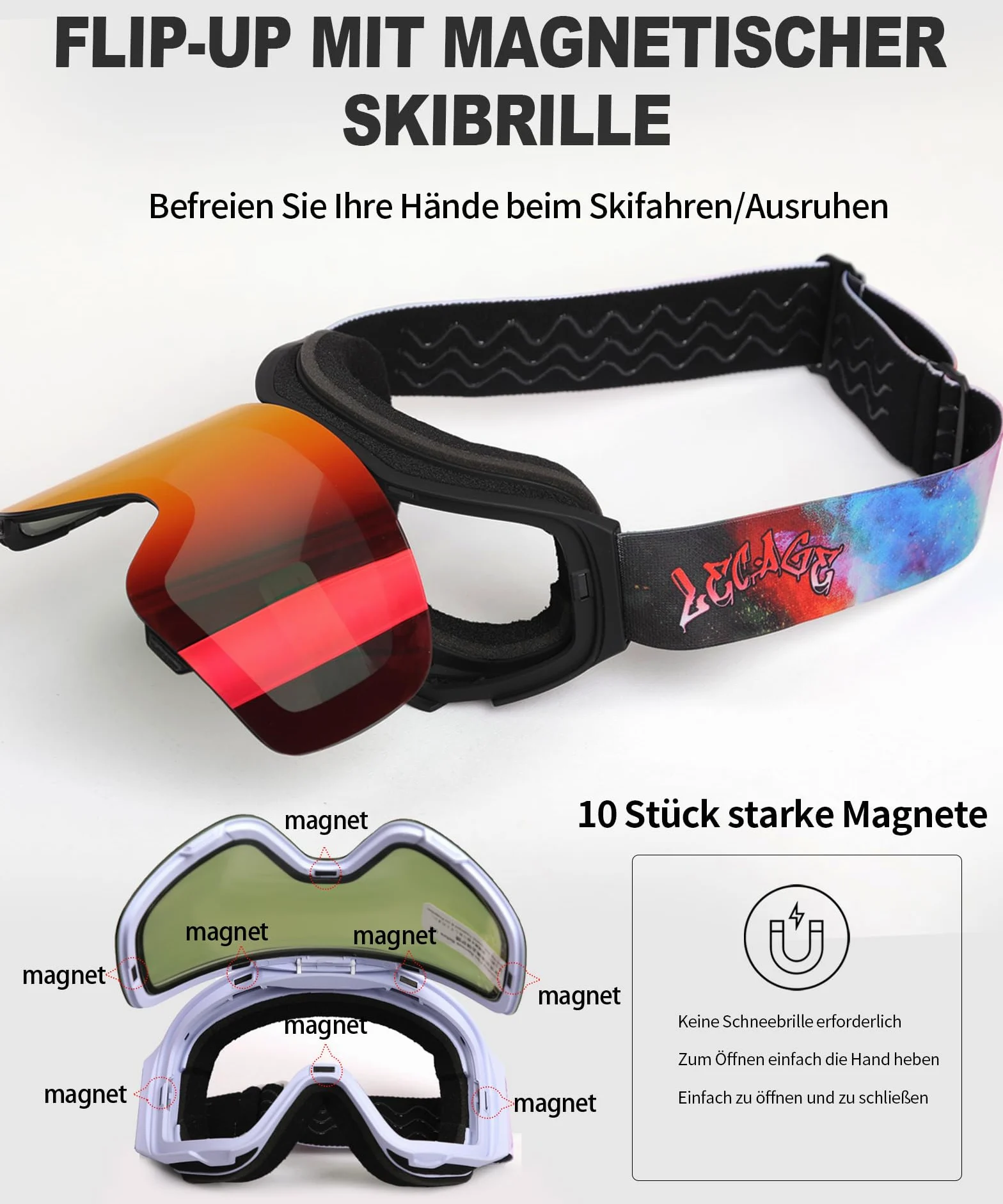Lunettes de Ski Pliables en Haut - Masque de Ski Vision Large Sans Cadre, Anti-Buée Double Couche, UV400 Compatible avec le casque, Masque de Snowboard Homme Femme, Parfait pour Sports Hiver