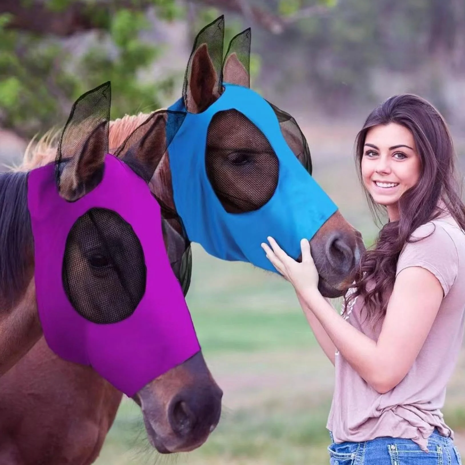 Masque anti-mouches pour chevaux avec oreilles, lycra respirante, protection UV, 3 pièces
