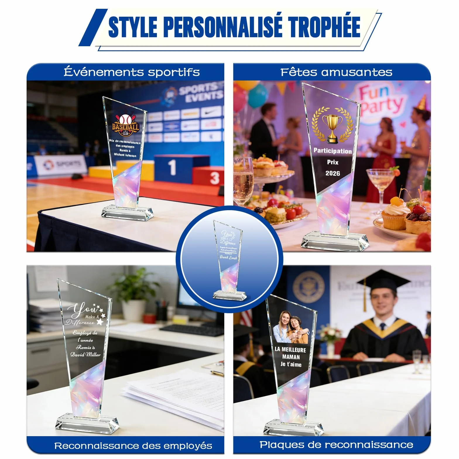 WBW Trophée Personnalisé en Cristal K9 avec Logo Photo et Texte Plaque Gravée Personnalisée 10–20 cm, Récompense en Cristal pour Employé du Mois Anniversaire Retraite Football