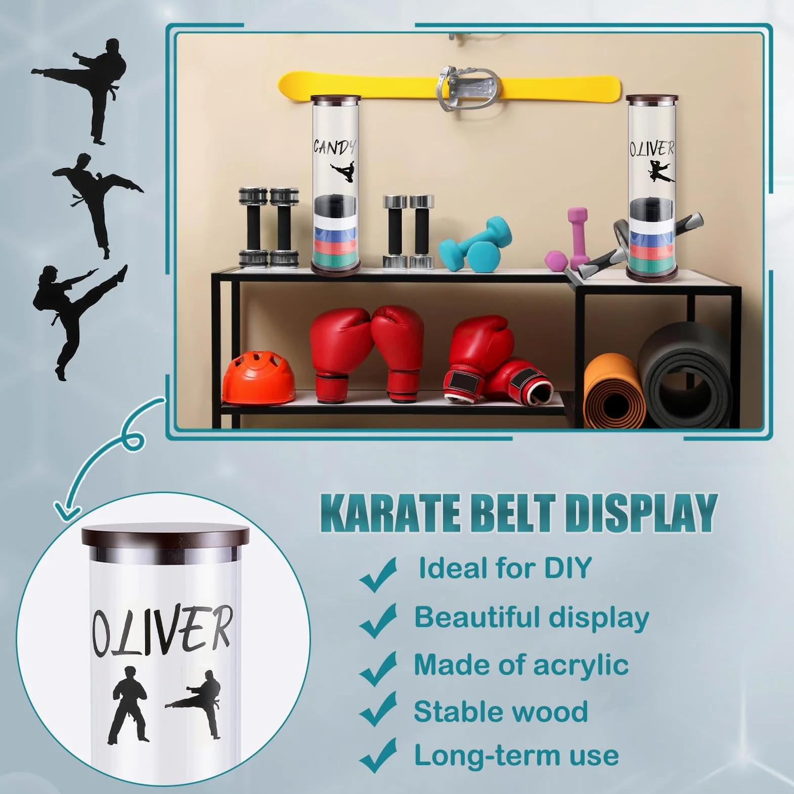 Tatuo Lot de 8 ceintures d'arts martiaux en acrylique à 10 niveaux pour ceinture de karaté avec autocollants pour adultes et enfants